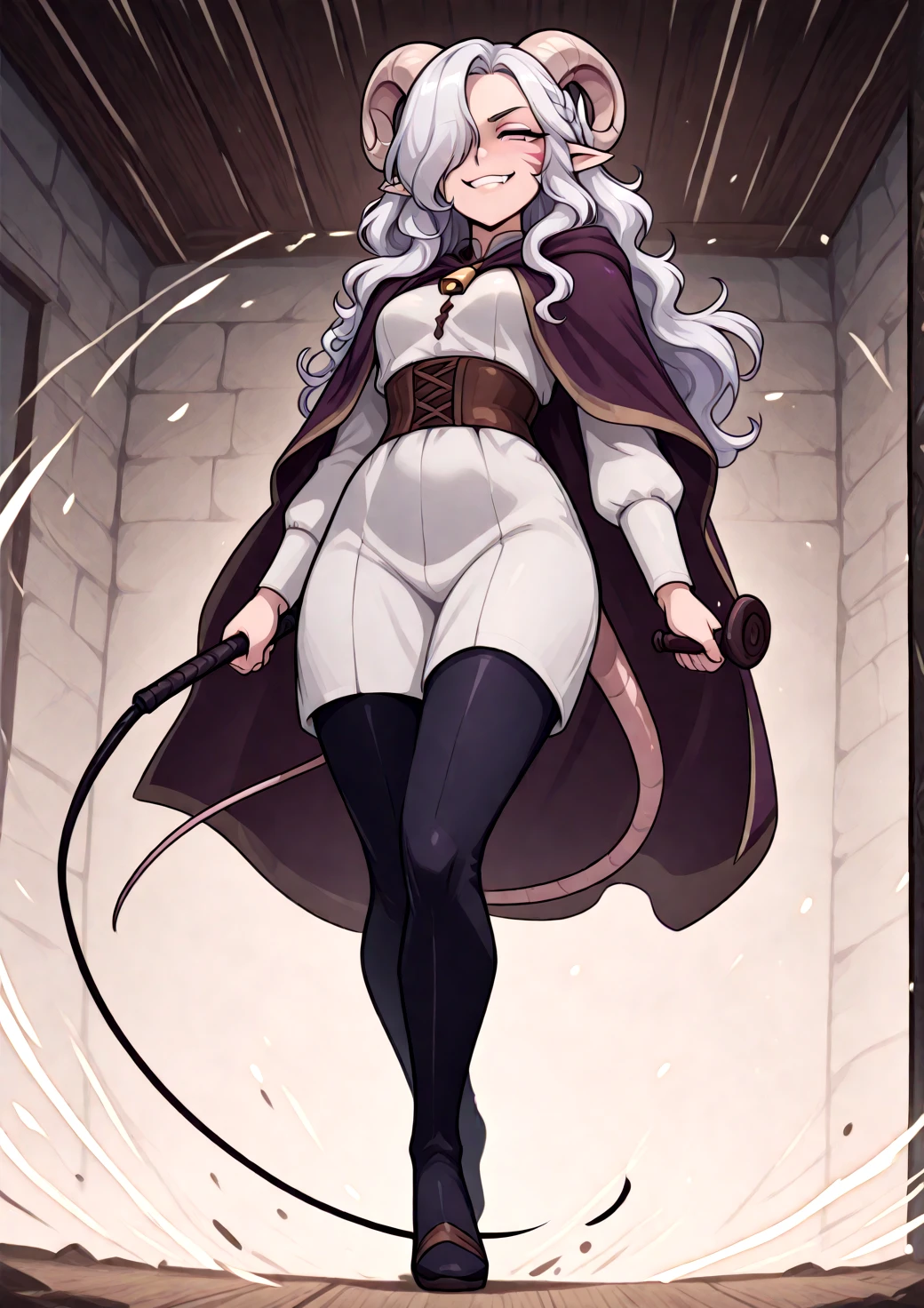 <lora:whip_Stances_ILXL:1.5> whip, pull_whip, holding_whip, whpiping:1.3, loosing whip:1.5, robe, cloak, fighting stance, naughty face,, masterpiece, tiefling, tail, source_anime, cowboy shot, pointy ears, tiefling, silver hair, ivory sheep horn,
<lora:whisker_markings:0.8>red whisker_markings:1.7, silver long wavy hair, bell necklace, short pointy ears, purple eyes, <lora:age_slider_v4:1> purple pupils,rat tail, shirt, purple eyes, tiefling_bard_diana:1.2, <lora:Erin Danua prefectPonyxl:0.3> white hair, parted bangs, hair over one eye, braid, <lora:Tiefling_bard_Diana_ILXL:1> full body, cloak, big tail,