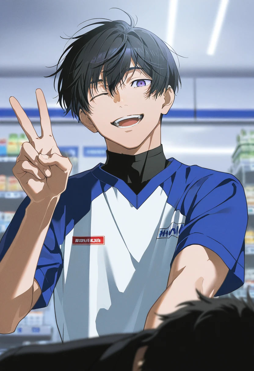 (yoneyama mai:0.8),(watercolor art),realistic,(anime lines:0.7),
materpiece,amazing quality, high quality,best quality, very awa, highres, absurdres,yaoi,uncensored,very aesthetic,BREAK,
1boy, toned,male focus, black hair, purple eyes, two-tone shirt, black undershirt, looking at viewer, from below, upper body, smile, one eye closed, open mouth, peace sign,convenience store,
BREAK, detailed illustration, detailed background, detailed eyes,depth of field,
materpiece,amazing quality, high quality,best quality, very awa,very aesthetic,