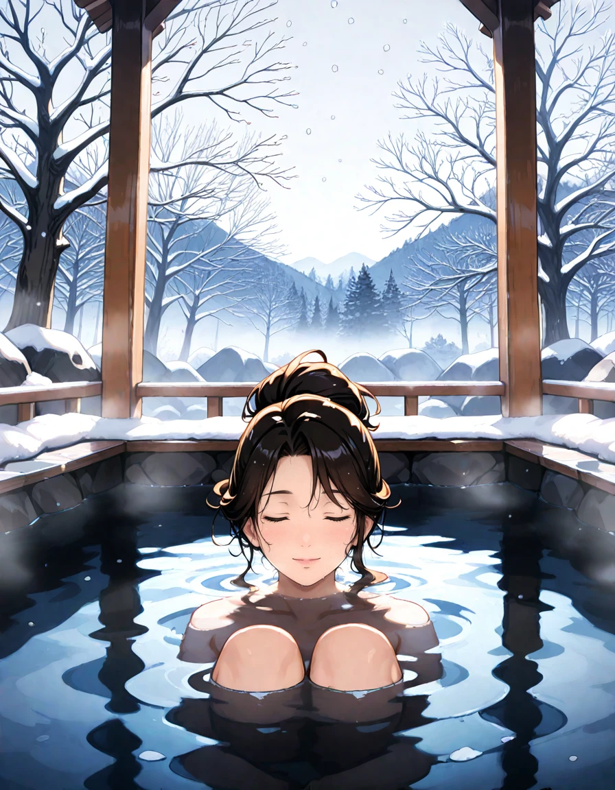1girl, mature female, high ponytail, shoulders under water, partially submerged, onsen, upper body, winter, snowing, bare tree, deciduous trees, fog,
simple background, facing viewer, knees up,
masterpiece, best quality,
<lora:shoulders_under_water_anyillustriousXLFor_v11_adamsf_5390_v1.0:1>
