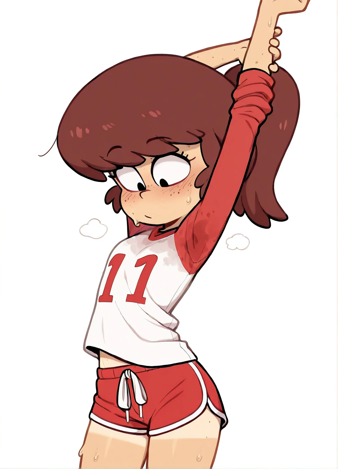 masterpiece, best quality,
lynn loud, 1girl, solo, brown hair,
ponytail, red shorts, dolphin shorts,  (body freckles:1.1), white shirt, (number print:0.9), raglan sleeves, long sleeves, sleeves rolled up,
black eyes, steam, blush, sweat stain, midriff peek, tanline, stretching, arms up, looking down
<lora:lynn_i24:0.9>