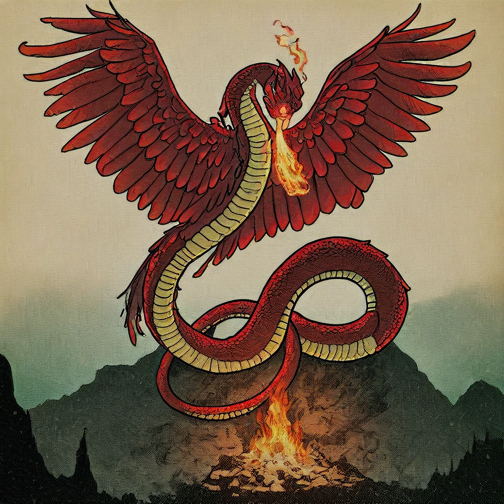 masterpiece, best quality, newest, absurdres, highres, anime, anime style, vintage anime, 90s anime, Coatl-IL-V1.0, Coatl, snake, serpent, winged snake, winged serpent, wings, feathered wings, feathers, fire, fire breath, red serpent, red scales, white feather