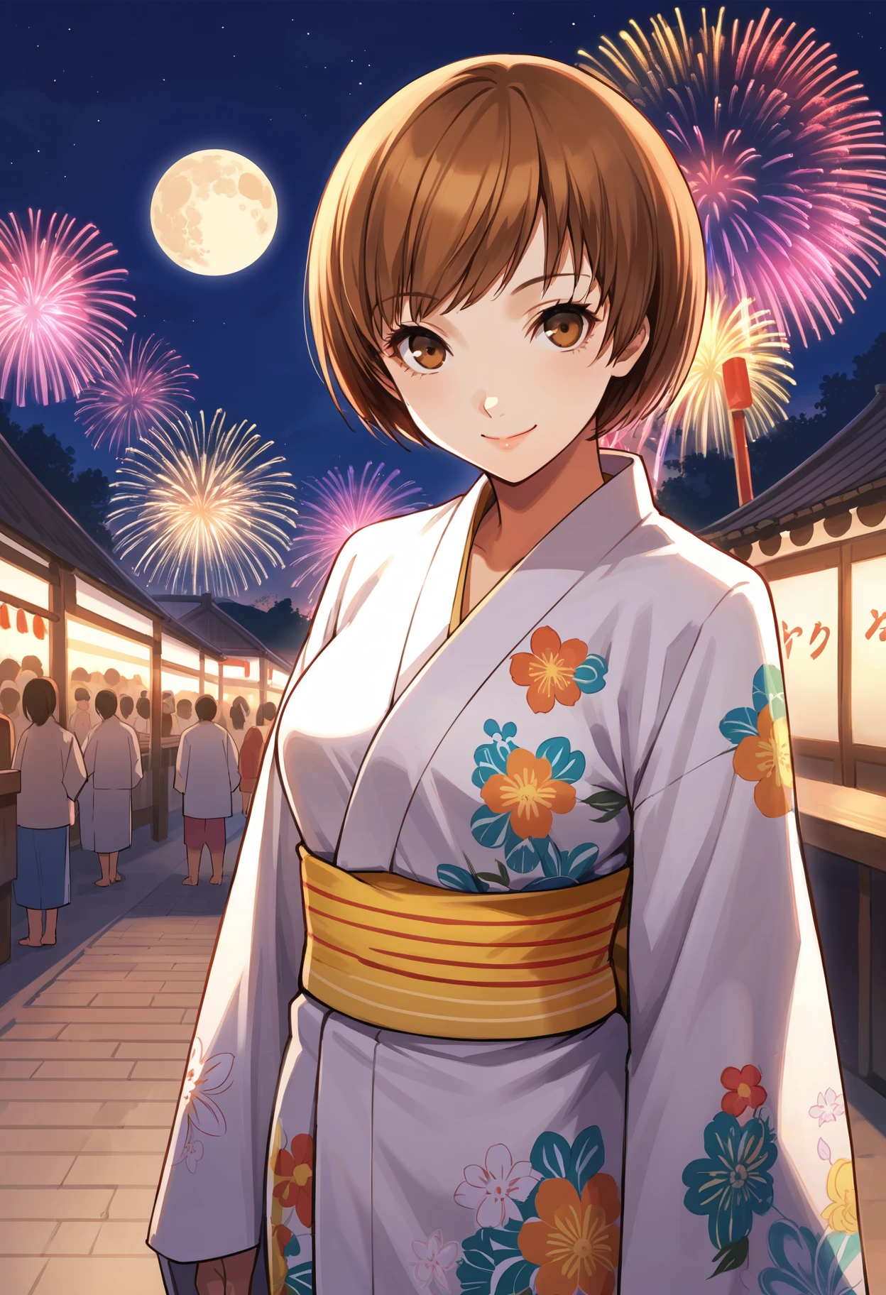 score_9, score_8_up, source_anime
1 girl, solo, cute face,
p4chie, satonaka chie, short hair, brown hair,
p4chie-yukata, japanese clothes, yukata, white yukata, sash, yellow sash, floral print,
outside, festival, fireworks, full moon, looking at viewer, big smile
masterpiece, best quality, ultra detailed,