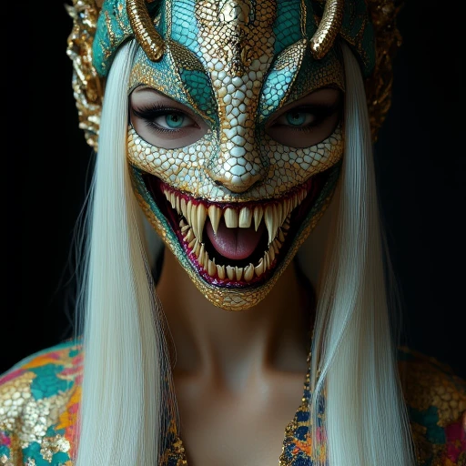 The image is a hyper-realistic CGI rendering of a woman with an otherworldly appearance. She has a striking, intricate snake mask that covers her entire face, painted in a mosaic pattern of teal, gold, and white scales, reminiscent of a snakeskin. Her eyes are an intense, piercing blue, framed by thick, bold red eyeliner and long, voluminous eyelashes. Her mouth is replaced by a terrifying, toothy grin, showcasing sharp, golden teeth with fangs that gleam menacingly. Her long, flowing, platinum blonde hair cascades down her shoulders, adding to her ethereal, almost mythical aura.