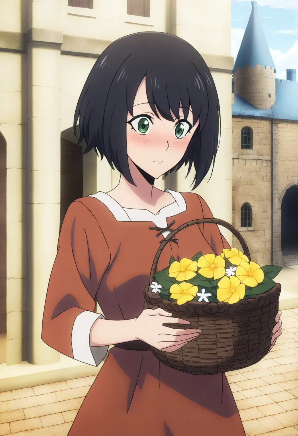 <lora:Song-Yi Han - [Solo Leveling] - illustriousXL v1:1>, sysdeep_songyi, black hair, short hair, green eyes, anime coloring, 1girl, solo, medieval market square, simple peasant dress, carrying a basket of flowers, soft blush, curious expression, castle walls in the distance