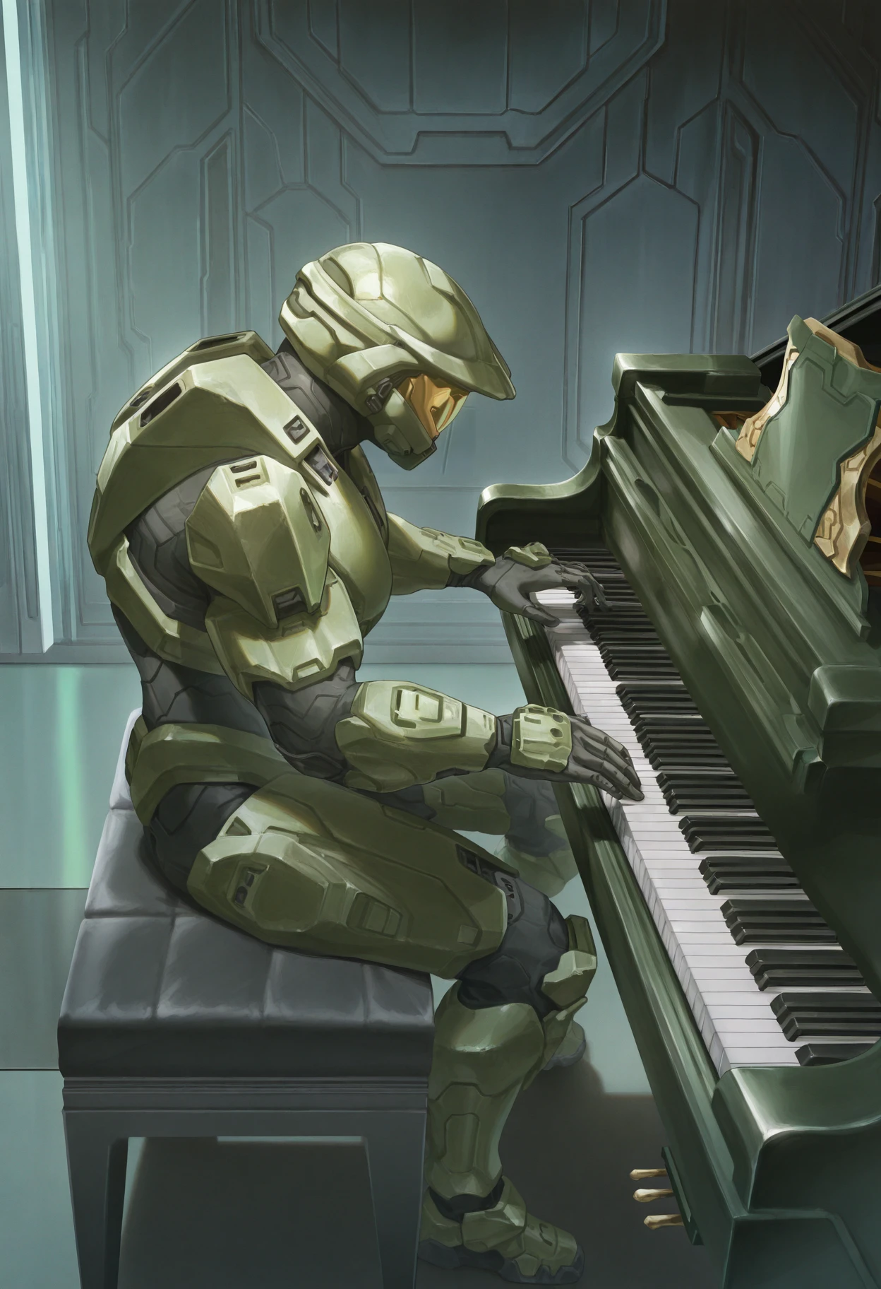 masterpiece, best quality, absurdres, highres, newest, 1boy, solo, <lora:grandpiano-concept-richy-v1_ixl:1> grand piano, sitting, playing piano, <lora:masterchief-halo-richy-v1_ixl:1> masterchief, helmet, visor, power armor, full body, from side, science fiction, indoors, metal wall, green armor
