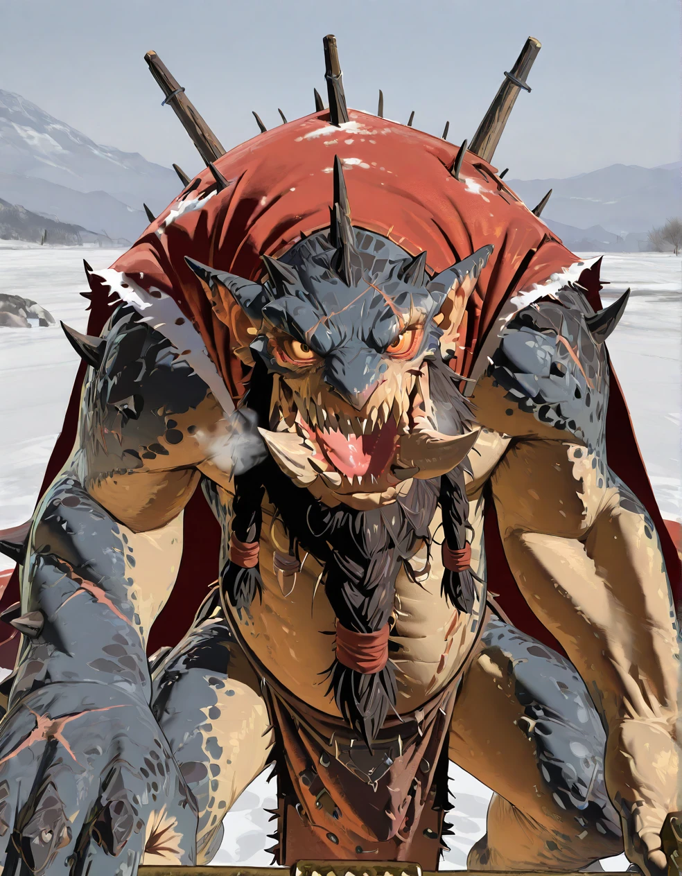 full body view of tall male barbarian orc in fury, green skin, looking like Khal Drogo, big axe in right hand, tattoo written "Volgrak" on his chest, fighting a bear, a plate called Volgrak in his chest