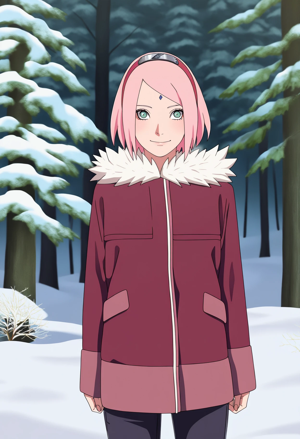 masterpiece, best quality, very aesthetic, absurdres,
1girl, haruno sakura, pink hair, short hair, green eyes, hairband,
forehead mark,
winter clothes, pants, coat, fur trim, long sleeves,
smile, solo, looking at viewer, trees, forest, winter, snow, <lora:SakuraTheLastNoobXL_byKonan:1>