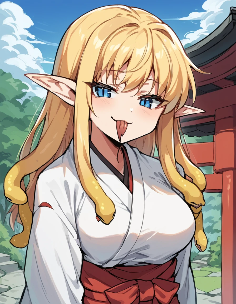 score_9, score_8_up, score_7_up, source_anime, <lora:tiffania-westwood-s3-ponyxl-lora-nochekaiser_r2:0.5>, tiffania westwood, blonde hair, blue eyes, elf, long hair, pointy ears, large breasts, <lora:snake-hair-ponyxl-lora-nochekaiser:1> snake hair, monster girl, snake slit pupils, forked tongue,, outdoors, shrine, miko, japanese clothes, kimono, white kimono, hakama, red hakama, hakama skirt, looking at viewer, smile, smug,
