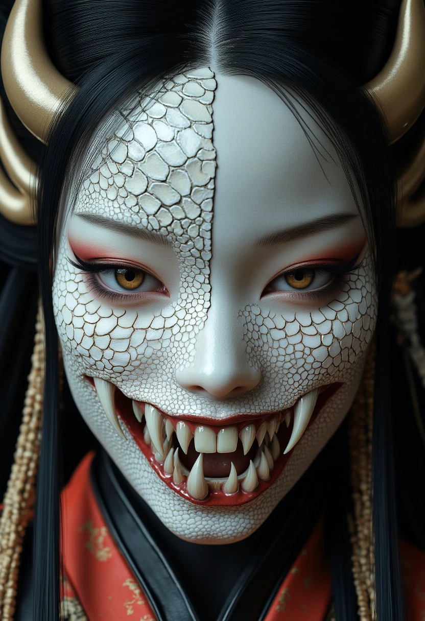 The image is a hyper-realistic CGI artwork of a woman's face, rendered in high detail. The subject's face is a surreal blend of traditional and grotesque elements. Her skin is a porcelain-white, with intricate, detailed patterns of white snake scales on the left side of her face, resembling snakeskin, giving it a snake-like appearance. The right side of her face is a normal, smooth complexion, contrasting sharply with the left side.