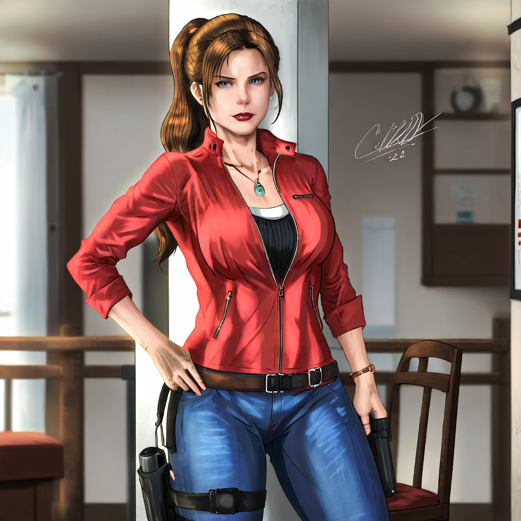 <lora:cesar_pony_v1:1> score_9, cesarbarrerajr93_style, cesarbarrerajr93, source_artwork <lora:clairere2remake_pony_v1:.8> ClaireResidentEvil2Remake, 1girl, large breasts, denim, brown hair, belt, jewelry, red jacket, jeans, pants, ponytail, necklace, long hair, blue eyes, zipper, holster, cowboy shot