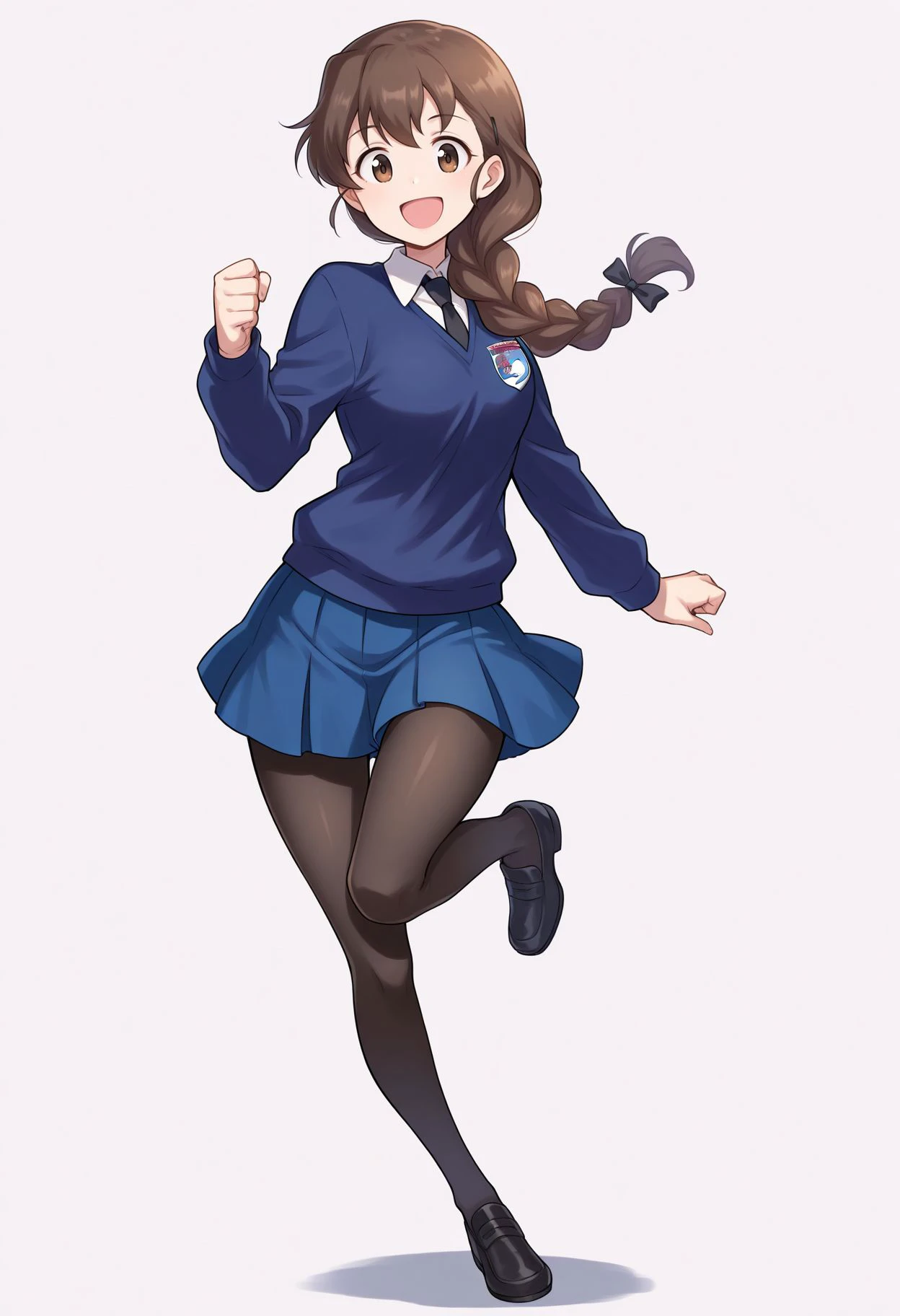 masterpiece, best quality,
<lora:Rukuriri illu:0.7>,1girl, st. gloriana's school uniform, black pantyhose, single braid, brown hair, st. gloriana's (emblem), pleated skirt, long hair, black necktie, brown eyes, hair over shoulder, white background, blue skirt, smile, blue sweater, looking at viewer, white shirt, simple background, long sleeves, black footwear, full body, dress shirt, open mouth, shoes, wing collar, standing on one leg, miniskirt, v-neck, loafers, braided ponytail, :d, leg up, clenched hand, hair ornament, hair ribbon