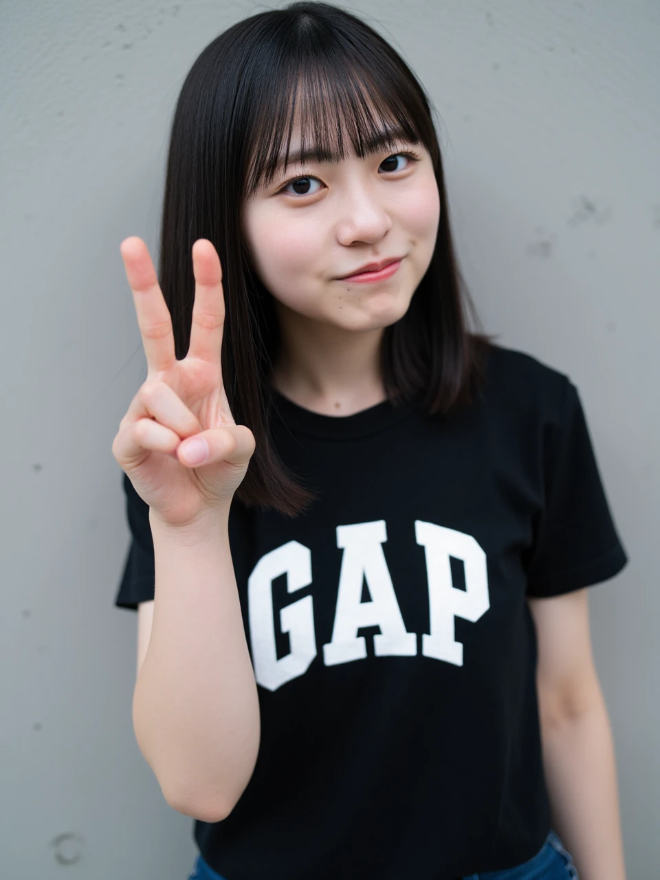 The image is a portrait of a young Asian woman named shogeko with shoulder-length bob hair and bangs. Her figure is slim, with snow-white skin. She is wearing a black t-shirt with the word "GAP" written on it in white letters. The woman is standing in front of a gray concrete wall and is making a peace sign with her fingers. She has a slight smile on her face and is looking directly at the camera.
The image conveys a feeling of youthfulness, casualness, and a sense of playful energy. The lighting suggests it's likely daytime, with natural light illuminating the scene.