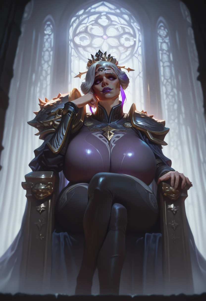 masterpiece, best quality, amazing quality, very aesthetic, absurdres, newest,
1girl, solo, a beautiful woman, silver eyes, blinded, blind, wearing a gold ceremonial armor, with a dark blue cape, calm expression, monarch, with a kind look, regal, ethereal, wise, sci-fi, dark room, indoors, darkness, dramatic lighting, large golden throne, sitting, golden intricate circlet, armrest, confident, dominant, domineering, head rest, head tilt, bodysuit, single golden pauldron, single shoulder guard, cape over one shoulder, realistic, from below, dynamic angle, realistic, <lora:Diablo_Style-IL:1> pk-diablo <lora:Sivka-IL:1> sivka, gigantic breasts, multicolored hair, grey hair, purple hair, purple eyes, purple lips