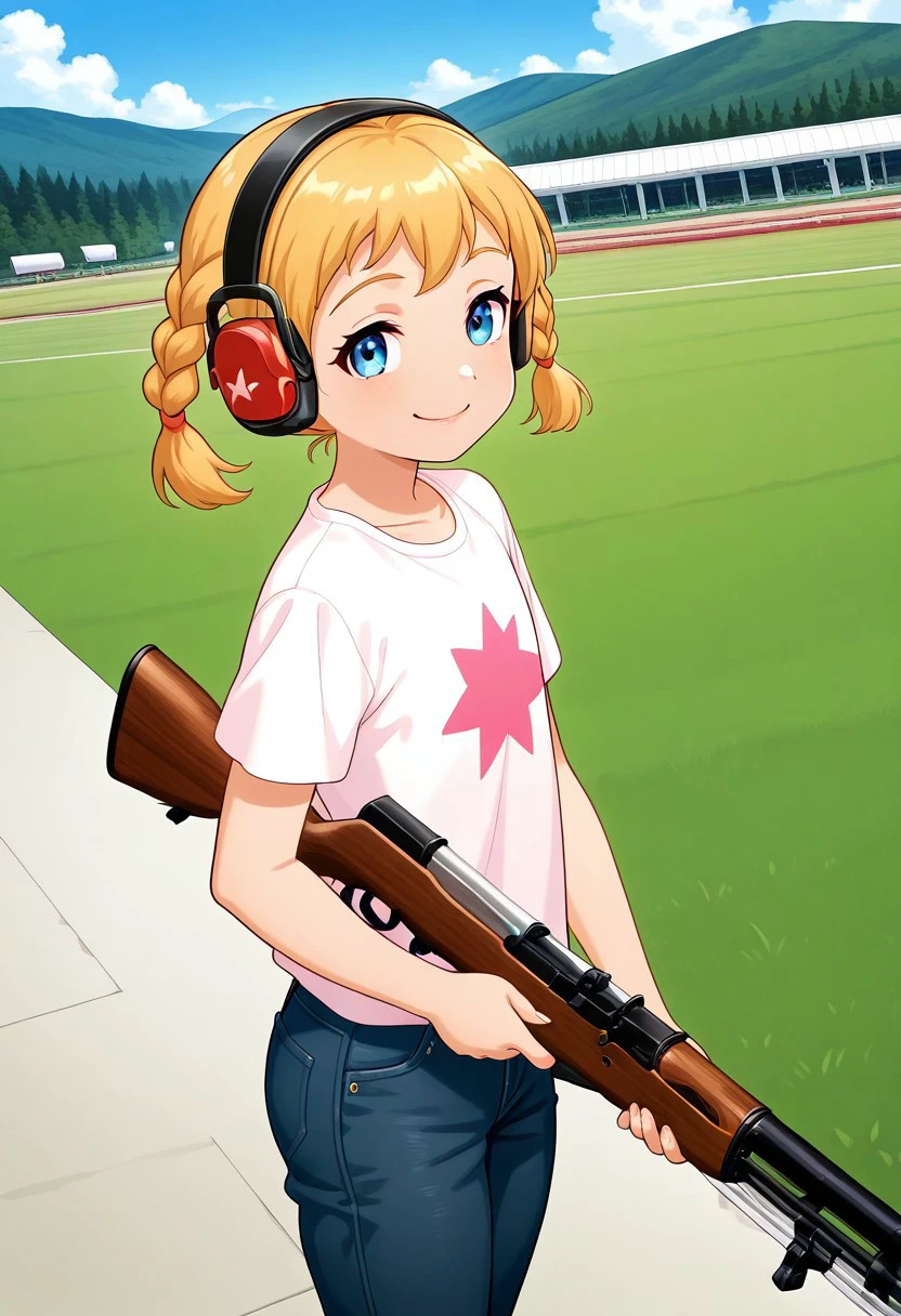 official art,  masterpiece, best quality, absurdres, very aesthetic, 1girl, solo, female focus, Katie_PP, blonde hair, twintails,short twintails,twin braids, blue eyes, flat chest, hearing protection, headphones, t-shirt, jeans, standing, looking at viewer, (from above:0.5), (from side:0.75), smile, outdoors, shooting range, SKS, rifle, holding weapon, trigger discipline
