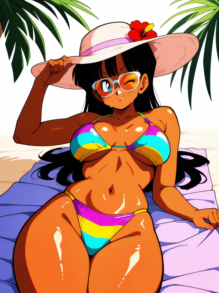 highres, hi res, best quality, masterpiece, intricate details, absurdres,, YamamotoXLP, simple white background, retro artstyle, comic,
1girl, dark skin, blue eyes, curvy, medium breasts, wide hips, long black hair, sun glasses, sun hat, wink, cute pose, looking at viewer, dynamic pose, colorful bikini, laying on a towel, tropical beach, palm trees, flowers, sexually suggestive, sexy, oiled body, shiny body, seductive smile,,
 <lora:YamamotoXL_Style-12-IL:1>