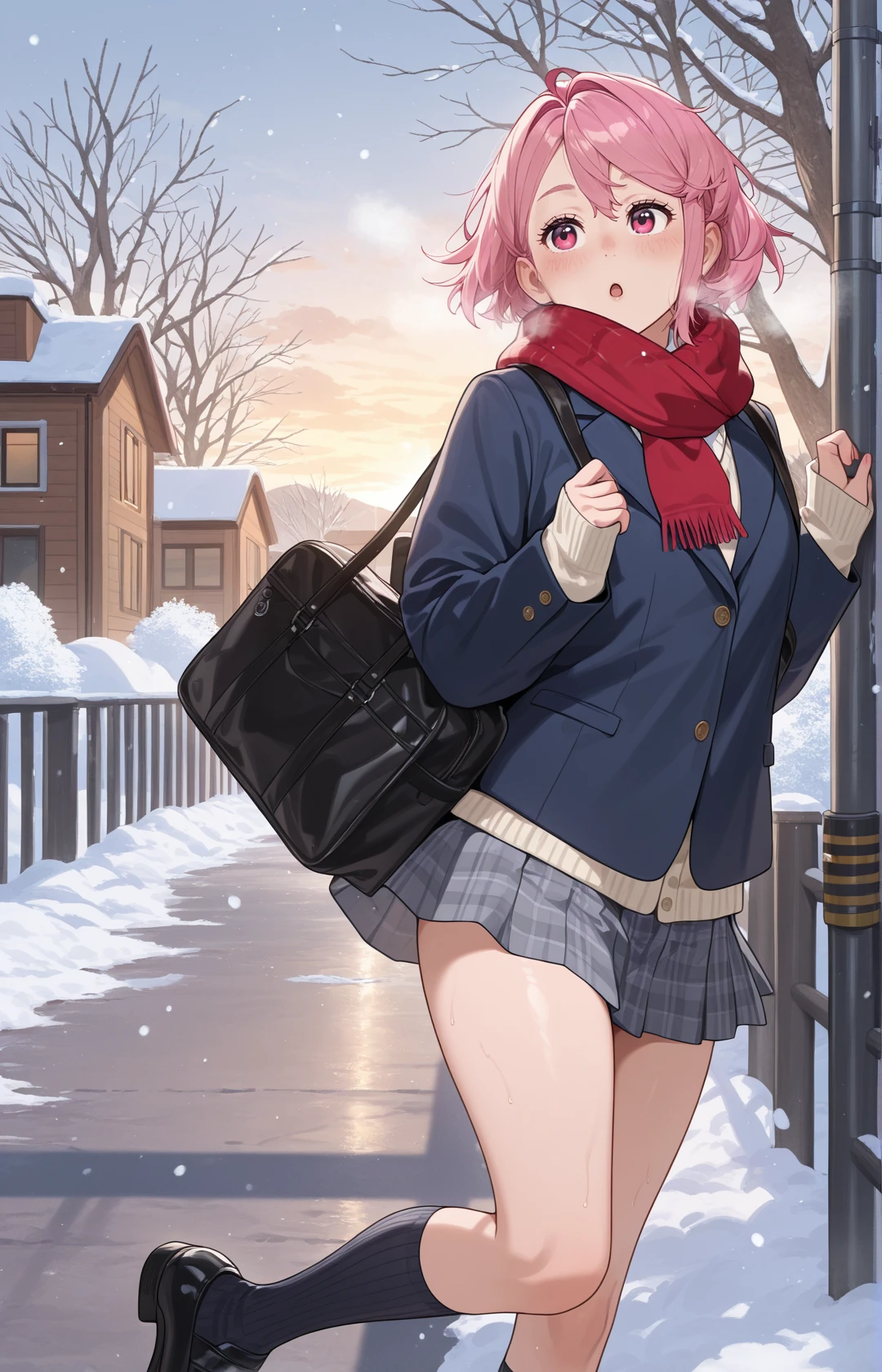 <lora:ShiratoriAiraCYQL:1>,ShiratoriAiraCYQL,1girl,solo,short hair,pink hair,pink eyes,
outdoors,scarf,skirt,snow,socks,pleatedskirt,lookingatviewer,tree,schooluniform,openmouth,jacket,winter,plaidscarf,shoes,schoolbag,greyskirt,kneehighs,:o,blacksocks,loafers,longsleeves,plaid,day,bag,scenery,blush,standing,breath,blackfootwear,pinkscarf,redscarf,blackjacket,fringetrim,building,road,bluejacket,standingononeleg,blazer,sunlight,handup,miniskirt,railing,sweptbangs,snowing,coat,street,bluecoat,sunset,shadow,sidelocks,legup,house,sleevespastwrists,brownfootwear,winterclothes,baretree,shirt,brickwall,bush,fence,enpera,handonownchest,partedbangs,sky,utilitypole,plaidskirt,lookingtotheside,fromside,holding,,
BREAK
<lora:ponyv5_noobE11_1_adamW-000013:1> <lora:zzziGnXL_il_lokr_V531:0.7> <lora:wl-illV1-000017:1>,
perfect quality,high quality,masterpiece,best quality,amazing quality,very aesthetic,absurdres,newest,