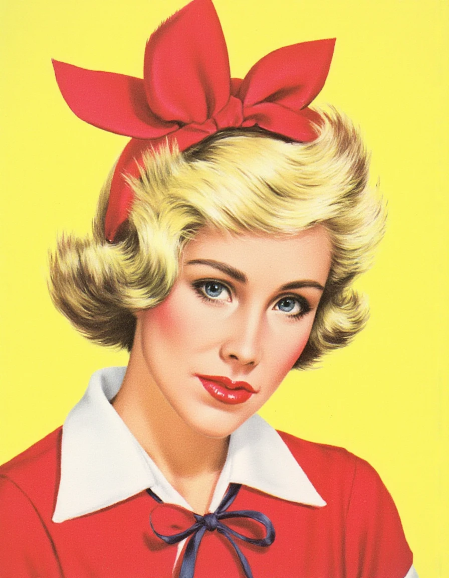 woman dressed as a girl <lora:erin-grey-flux:1.1>  <lora:50s_Illustration_Style:1> 50s illustration style