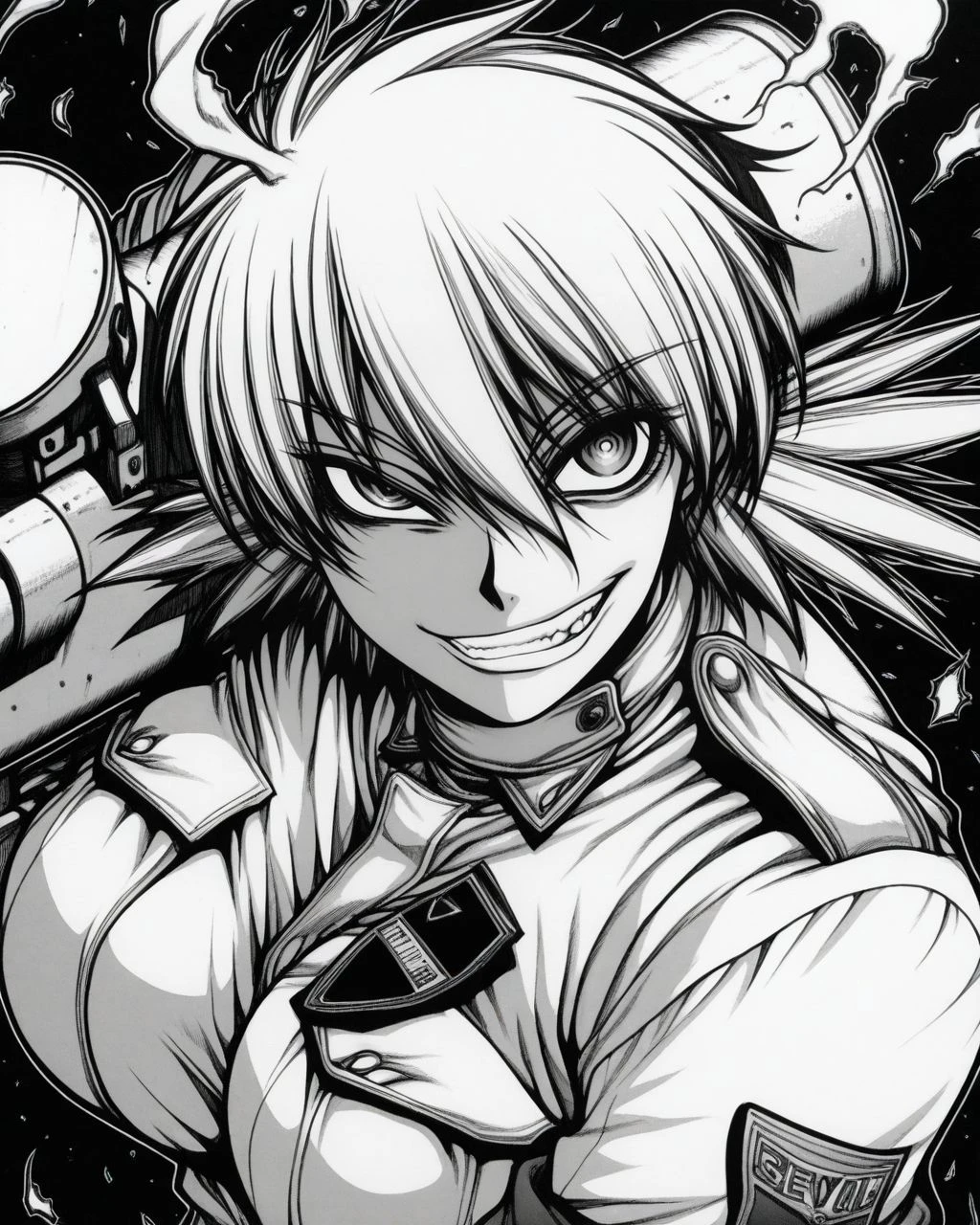 masterpiece, greyscale, monochrome, <lora:HELLSING_illustrious_v1-000020:1>
evil smile,evil grin,crazy eyes, dynamic pose,close-up,
1girl, seras victoria, holding weapon, upper body, fire, smoke,rocket launcher,