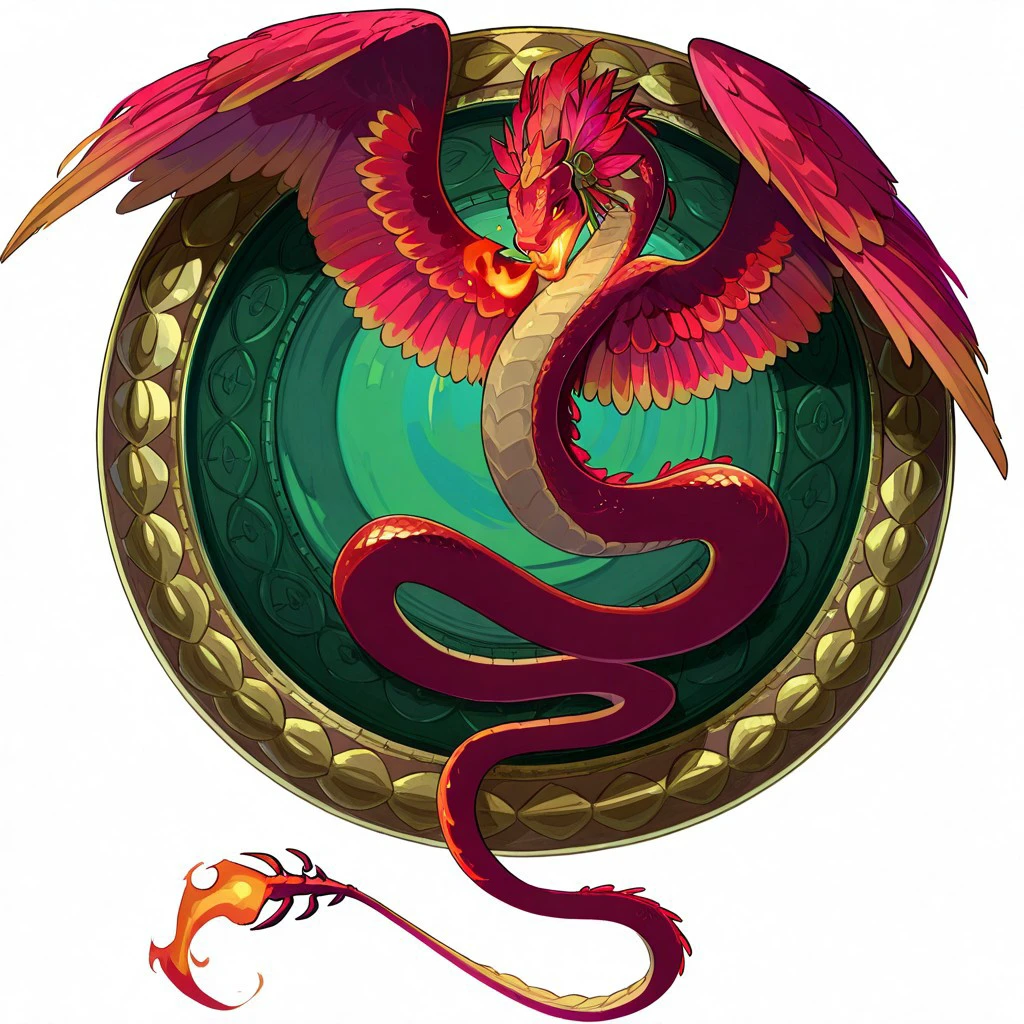 masterpiece, best quality, newest, absurdres, highres, HadesCharacterArtstyle-IL-V1.0, no humans, monster, Coatl-IL-V1.0, Coatl, snake, serpent, winged snake, winged serpent, wings, feathered wings, feathers, fire, fire breath, red serpent, red scales, white feather