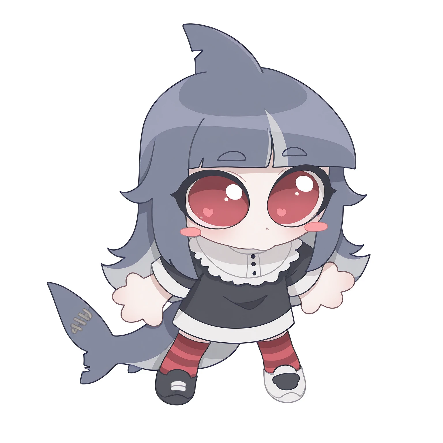 masterpiece, best quality, solo,
Alu, red eyes, dark blue hair shark fin, shark tail, red striped stockings, black and white outfit with a frilled collar, short sleeves, mikus-concept, full body, big eyes, chibi, white background, black shoe on the left foot, white shoe on the right foot.
<lora:silly-guy-il:1>
<lora:Alu_il:0.9>