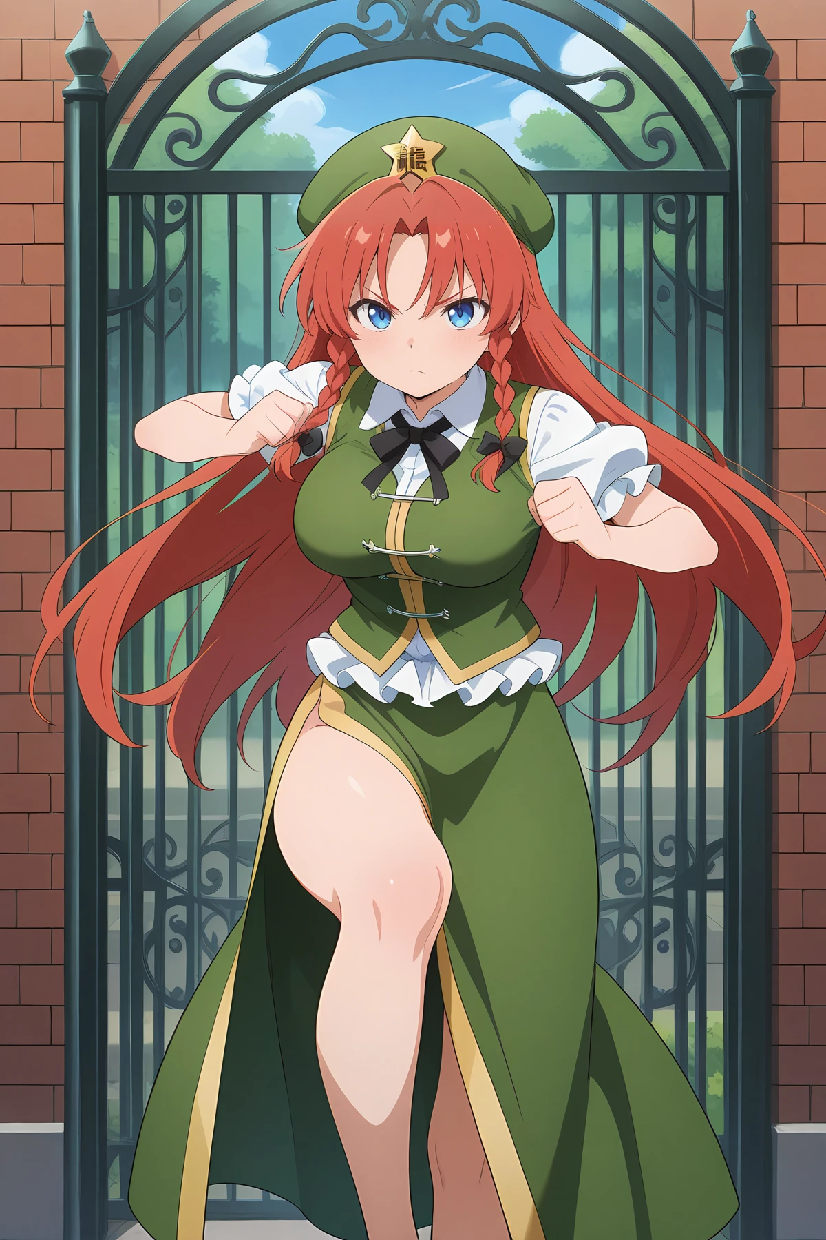 hong_meiling, from touhou, she has red long hair, blue eyes, big breasts, green cap, china dress, high heels, excellent proportion, perfect legs, raising leg, she is assertive, temptation, masterpiece, garden 