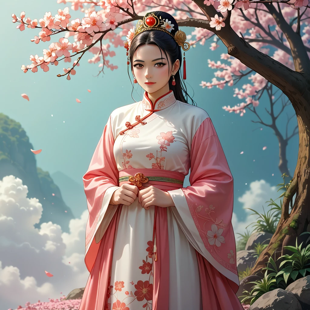 he image shows a young woman wearing a traditional Chinese Hanfu dress. The dress is long and flowing, with a high neckline and long sleeves. It is made of a fabric with intricate gold embroidery on the bodice and skirt. The skirt is also made of the same fabric and has a long train that flows down to the floor. The woman is standing in front of a red pagoda with a cherry blossom tree in the background. She is wearing a gold headpiece with a flower crown on her head and has her hair styled in an updo. The overall mood of the image is elegant and traditional., (HD, masterpiece, best quality, hyper detailed, ultra detailed, super realistic),amazing, traditional_chinese_clothes_sdxl-000008<lora:pony\mine\traditional_chinese_clothes_sdxl-000008.safetensors:0.6:0.6>
