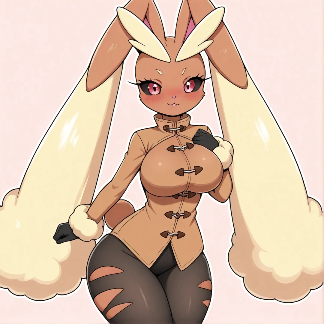 lopunny-waifu, bipedal, resembles a rabbit, brown coat, small round tail, lopped ears, tips of those ears are long, cream-colored fluffy fur, cream-colored fur around the wrists, lower legs and above its red eyes, black marking around eyes, above the eyes are two long, cream-colored furry extensions, resembling large eyebrows, her thighs and hips are thick, she has enourmous breasts, a big bubble butt, and a cute face