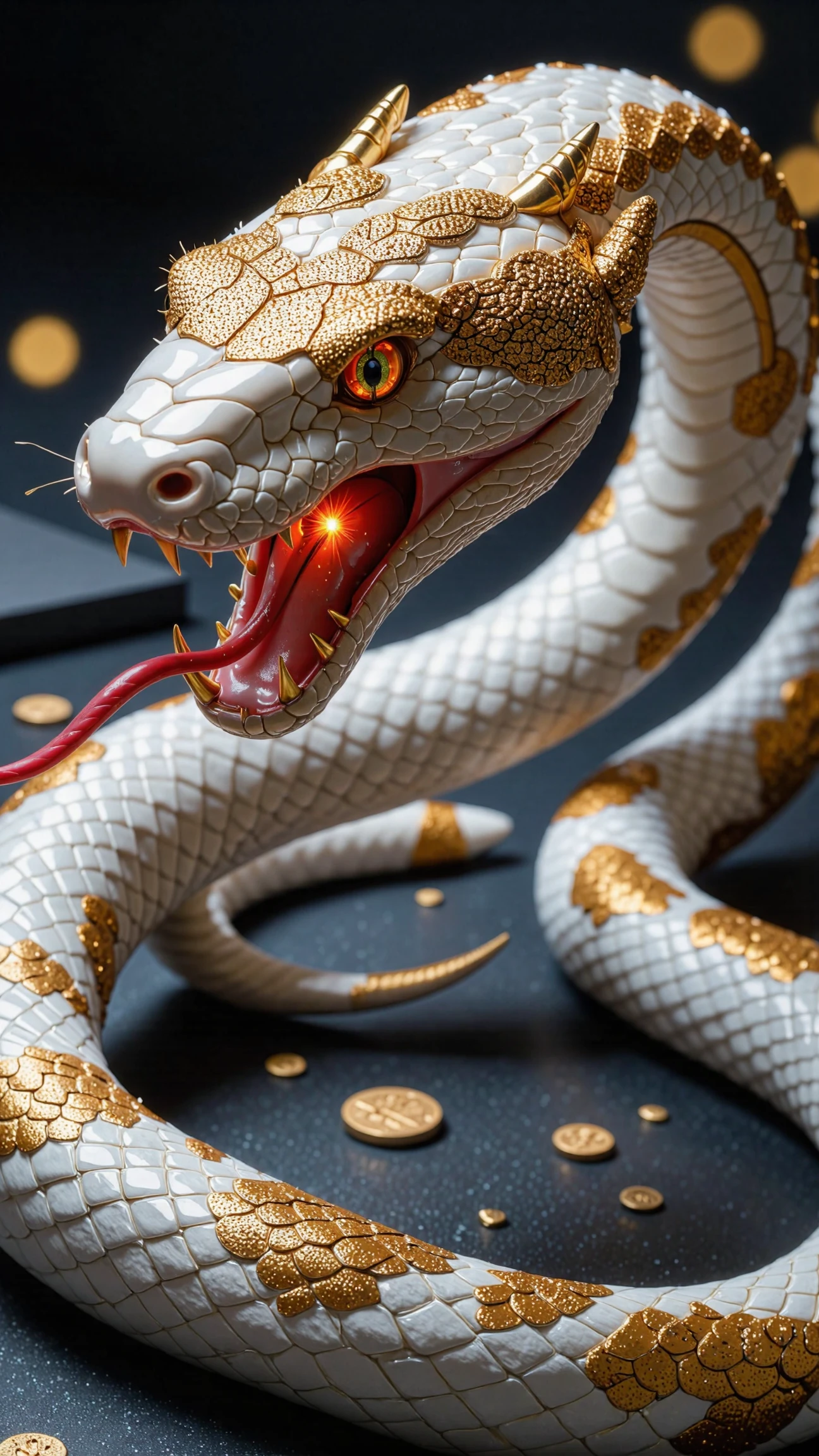 RedCraft. The image is a highly detailed, photorealistic CGI rendering of a strikingly beautiful, coiled snake with intricate, shimmering scales. The snake's body is predominantly white with gold accents, giving it a regal, almost mythical appearance. Its head is adorned with intricate, gold-plated scales that sparkle with a metallic sheen. The snake's eyes are an intense, glowing red, adding a menacing yet captivating quality to its gaze. Its mouth is open, revealing sharp, golden teeth, and a long, red tongue extends from its mouth, curling slightly.
