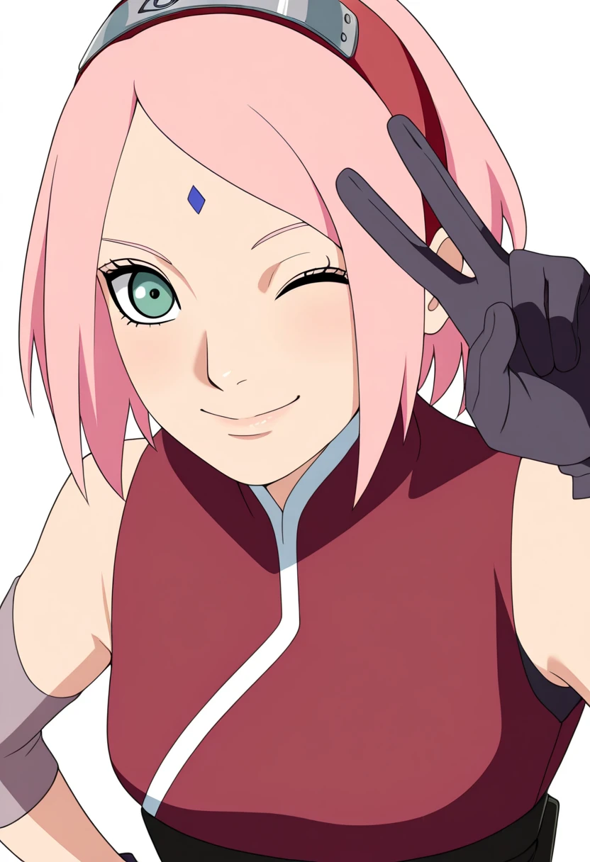 masterpiece, best quality, very aesthetic, absurdres,
1girl, haruno sakura, pink hair, short hair, green eyes, hairband,
forehead mark, sleeveless shirt, bike shorts, black gloves,
upper body, v sign, wink,
smile, solo, looking at viewer, simple background, white background <lora:SakuraTheLastNoobXL_byKonan:1>