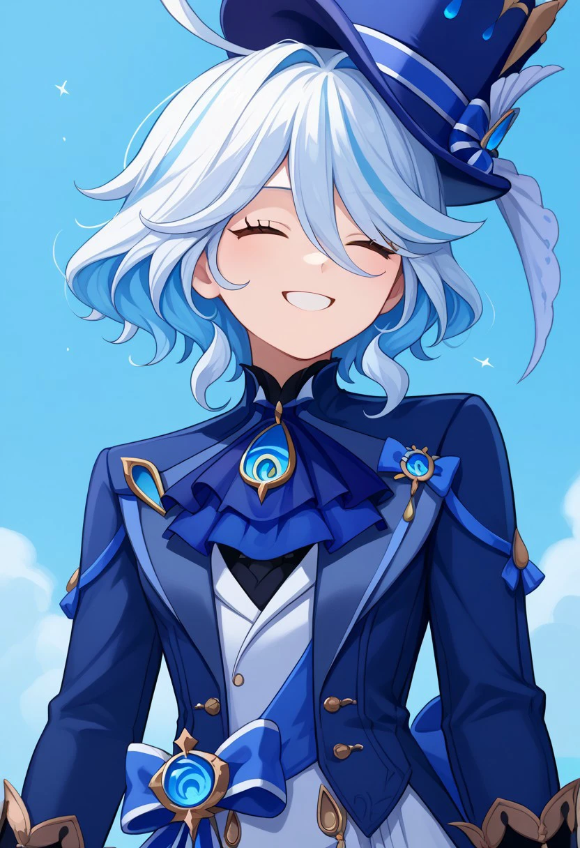 Mature content,masterpiece, best quality, 1girl, hairband, jewelry, bare shoulders, looking at viewer, blush, gloves, smile, collarbone, elbow gloves, necklace, long hair, earrings, solo focus, thighs, thighhighs ,sexy pose,brainwashed,sexual,sexy,crazy smile,corruption,hypnosis,Illustration,wet,liquid,(Satou Kuuki),huge clear eyes, clear and clean background,furina \(genshin impact\), heterochromia,hat,bule hair,blue eyes,ascot,brooch,long sleeves, jacket,blue bow,gloves,white shorts, thigh strap