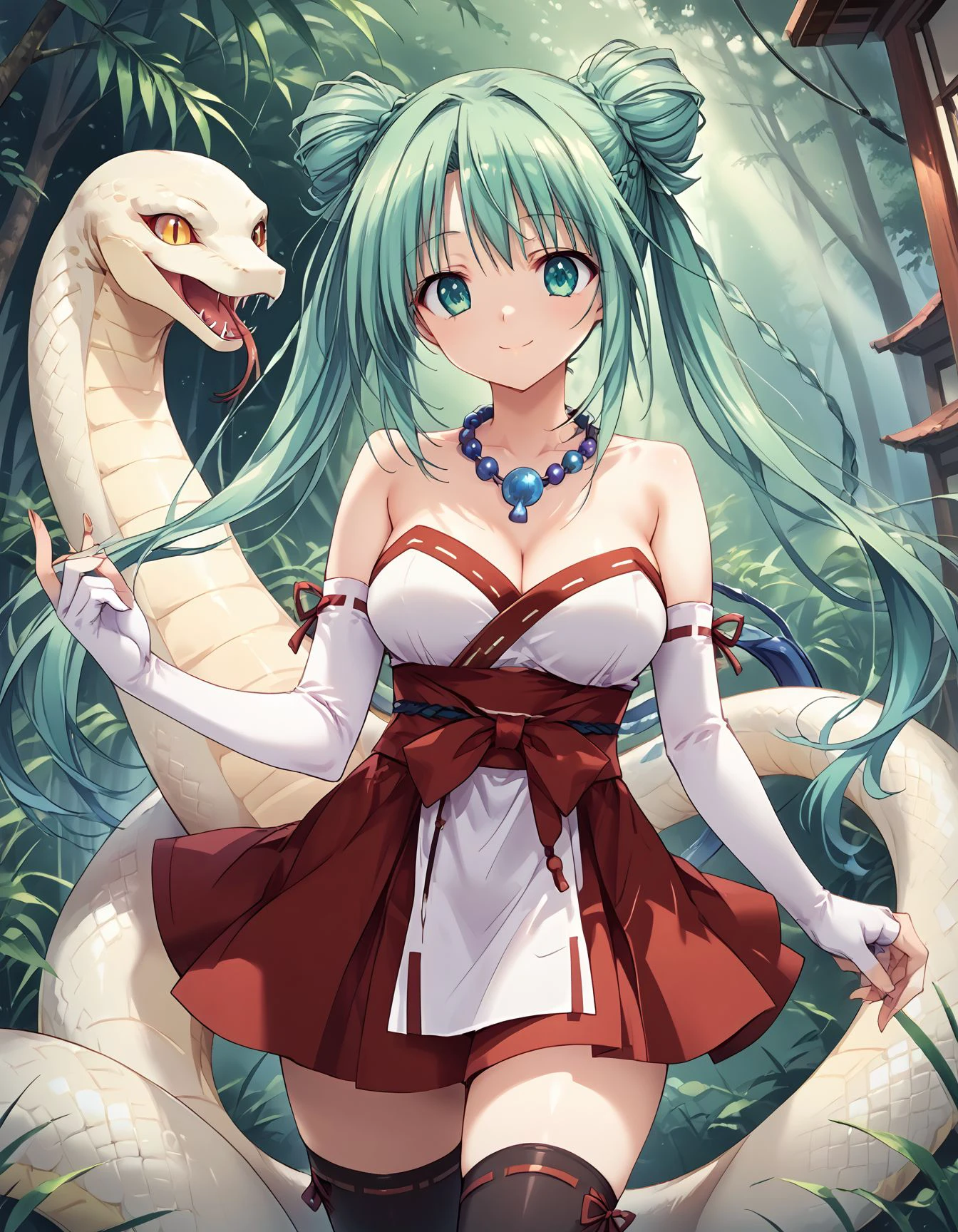 score_9, score_8_up, score_7_up, source_anime, <lora:add-detail-xl:1>, good , completely ,
BREAK 1girl, standing, smile, <lora:snake_charmer:0.5> snake charmer, in Shrines, precincts,
BREAK <lora:otama  Sarasara Sasara (Atelier Kaguya):0.9> 0tama, green hair, hair bun, double bun, hair braid, double braid, twintails, green eyes, ,
BREAK miko, white top, strapless, red obi, red bow, red mini skirt, white gloves, elbow gloves, fingerless gloves, blue bead necklace, thighhighs, black thighhighs,