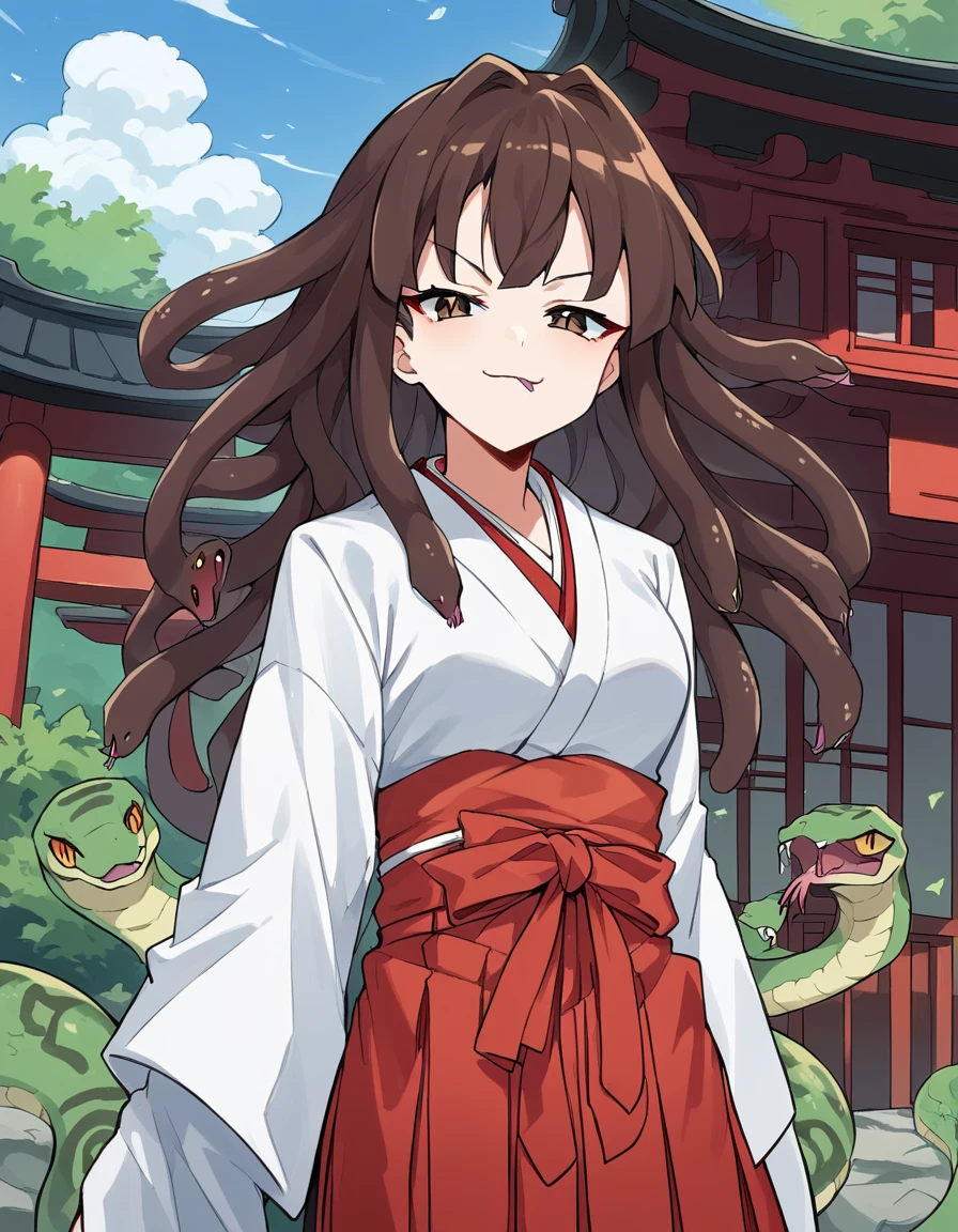 score_9, score_8_up, score_7_up, source_anime, <lora:megumi-katou-s2-ponyxl-lora-nochekaiser:0.5>, megumi katou, brown hair, brown eyes, long hair, medium breasts,, <lora:snake-hair-ponyxl-lora-nochekaiser:1> snake hair, monster girl, snake slit pupils, forked tongue,, outdoors, shrine, miko, japanese clothes, kimono, white kimono, hakama, red hakama, hakama skirt, looking at viewer, smile, smug,
