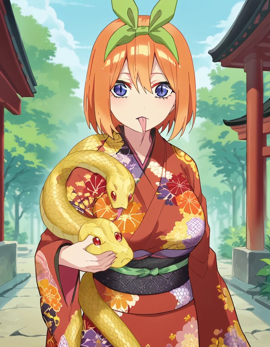 score_9, score_8_up, score_7_up, source_anime, <lora:yotsuba-nakano-s2-ponyxl-lora-nochekaiser:1>, yotsuba nakano, bangs, short hair, blue eyes, hair between eyes, hair ribbon, hairband, orange hair, green ribbon, large breasts, anime screencap, <lora:snake-wrapped-around-body-ponyxl-lora-nochekaiser:1> snake wrapped around body, animal, snake, holding, holding animal,, outdoors, shrine, long sleeves, japanese clothes, wide sleeves, kimono, sash, obi, floral print, print kimono, cowboy shot, looking at viewer, slit pupils, tongue, forked tongue,,