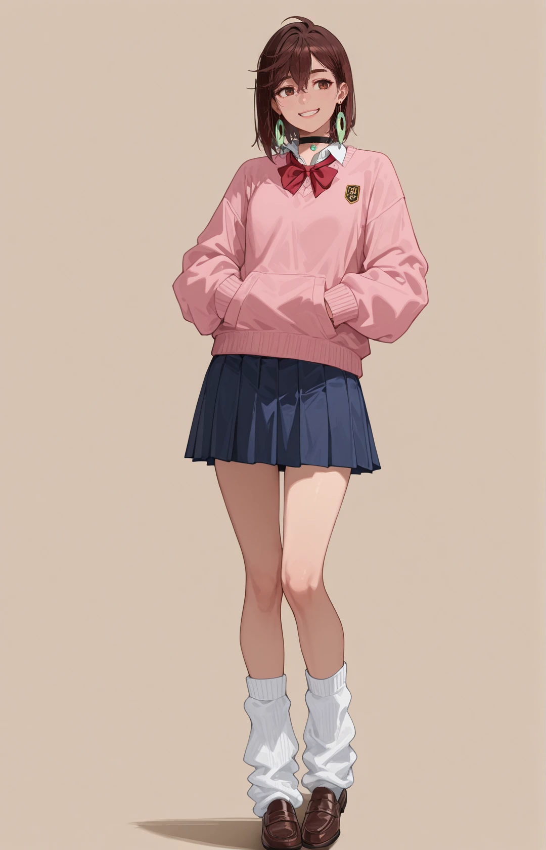 perfect quality,high quality,masterpiece,best quality,amazing quality,very aesthetic,absurdres,newest,
front view,full_shot,Teasing grin,
<lora:AyaseMomoCYQL:1>,AyaseMomoCYQL,1girl,solo,brown hair,short hair,brown eyes,jewelry,earrings,choker,black choker,school uniform,sweater,pink sweater,red bow,bowtie,pleated skirt,blue skirt,loose socks,white socks,loafers,brown footwear,
full body,standing,hands_on_own_face,,
aliceblue background,simple background,
<lora:ponyv4_noob1_2_adamW:0.7>,<lora:spo_sdxl_10ep_4k-data_lora_webui:0.6>,<lora:USNR STYLE_XL_lokr:0.45>,<lora:illustrious_all_rated_v1:0.7>,<lora:96YOTTEA-WAI:0.8>,