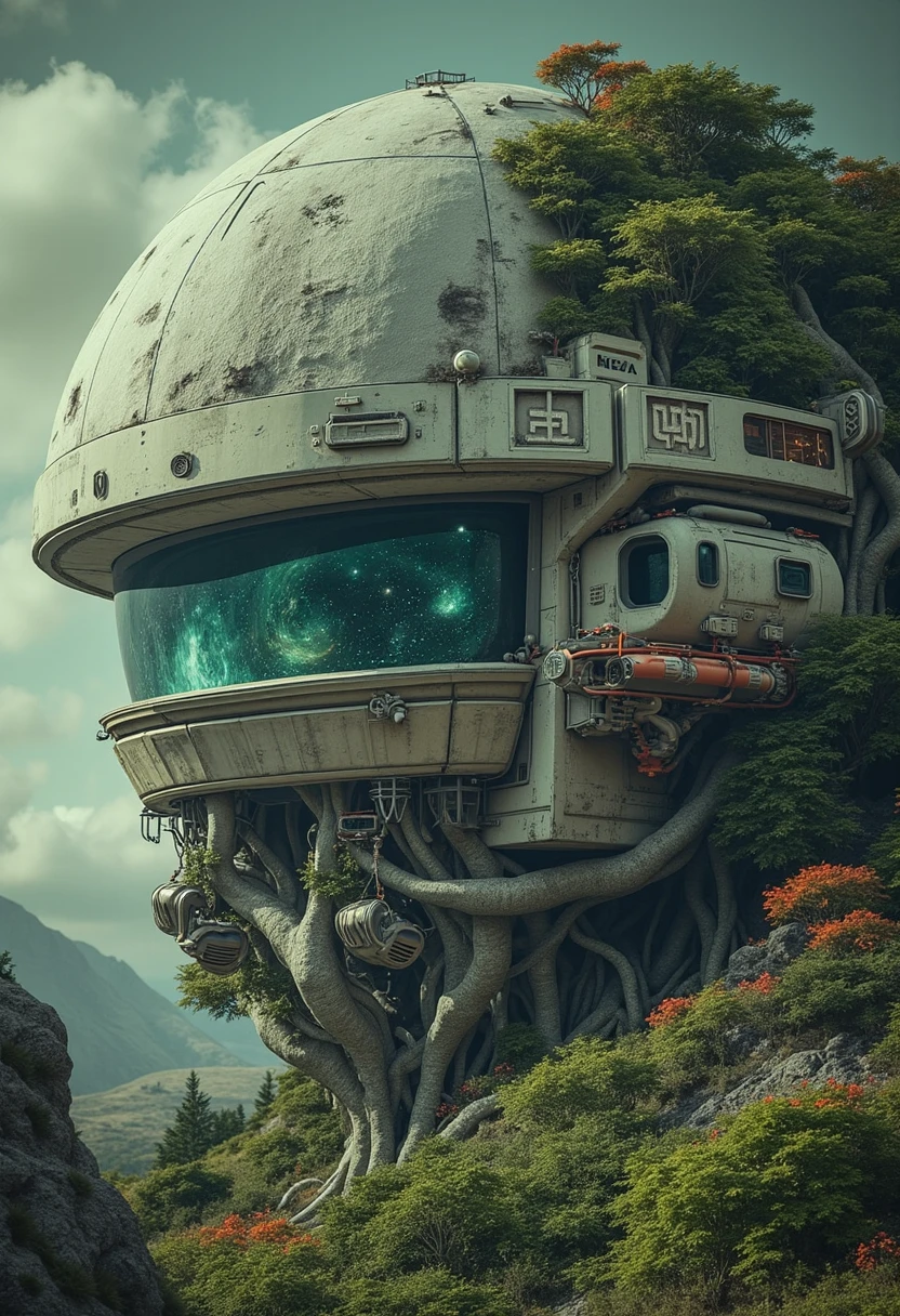 yfg-cehda Ultra-realistic sci-fi cinematic scene showcasing Earth's Moon transformed into a verdant fortress satellite. The moonâs surface is fortified with sleek metallic domes, robust support pylons, and sprawling networks of reinforced bunkers blending seamlessly into the dense, bioluminescent forest. These structures feature intricate lattices and angular reinforcements, layered with adaptive shielding panels for added defense. Massive, interconnected root-like conduits stretch from central power cores deep within the moon, supplying energy to essential systems like atmospheric generators and defense shields, their faint hum and glow illuminating the forested expanse. Orbiting docking stations hover above the surface, connected to the moon via sleek, carbon-fiber bridges and magnetic lifts, providing access to surrounding spacecraft. Through the grand, crystalline viewing towers, panoramic vistas of Earth and the Solar System unfold, visible through reinforced, transparent alloy windows that arc gracefully into the structureâs frame. Each defensive turret, embossed with mythic symbols and enhanced with automated targeting systems, merges both function and form. The structure emits a soft, otherworldly luminescence as the moon orbits, showcasing a unique blend of raw natural beauty and advanced technological architecture.