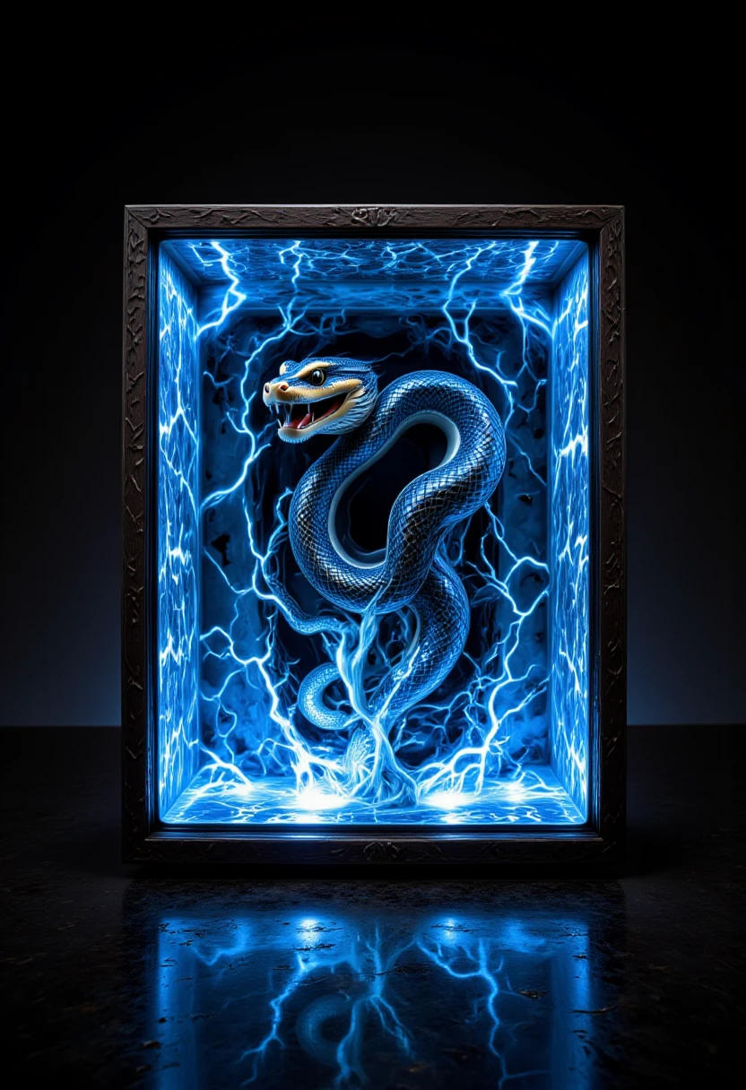 biomechanical style A hyper-realistic and intense scene of a snake appearing to emerge from a glowing digital screen, creating a 3D effect as if it is breaking into the viewer's space. The snake's head and part of its body are reaching out of the screen, its fangs exposed in an aggressive posture. The screen appears cracked and distorted at the edges where the snake is breaking through, with glowing fragments and electrical sparks adding to the dramatic effect. The background is dark, amplifying the sense of depth and realism.. cer1micsn1ke <lora:FLUX_cer1micsn1ke_LoRA:1> <lora:aidmaFLUXpro1.1:0.32> aidmaabdhr <lora:aidmaAbadonedHorror:0.66> <lora:Mushroom_Portrait_Flux_v1:0.50> <lora:FLUX_b1ue:0.40> . blend of organic and mechanical elements, futuristic, cybernetic, detailed, intricate