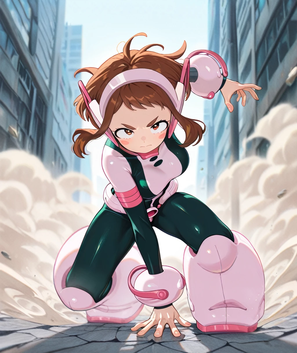 1girl, solo,
uraraka ochako, brown hair, brown eyes, short hair, blush stickers,
betcos, headgear,
superhero landing, arm up, outstretched arms,
(serious:1.2),
looking at viewer, head down,
outdoors, city, street,
cracked floor, dust cloud,
colorful, shiny skin,
masterpiece, best quality, amazing quality, very aesthetic, absurdres, newest, scenery, (volumetric lighting:1.1), depth of field <lora:Superhero_landing:1> <lora:Uraraka_Ochako_illustrious-XL:1>