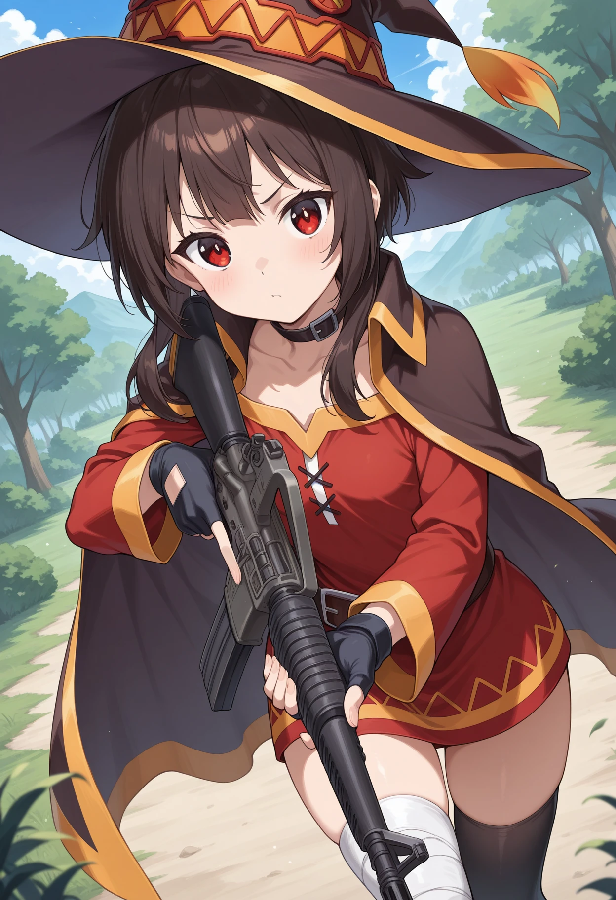 masterpiece, absurdres, highres, newest, 1girl, c-m16, holding m16, megumin, kono subarashii sekai ni shukufuku wo!, 1girl, red eyes, short hair, brown hair, short hair with long locks, black hair, sidelocks, small breasts, bandaged leg, collarbone, witch hat, red dress, black thighhighs, fingerless gloves, black gloves, looking at viewer, outdoors, depth of field, aiming, dutch angle,