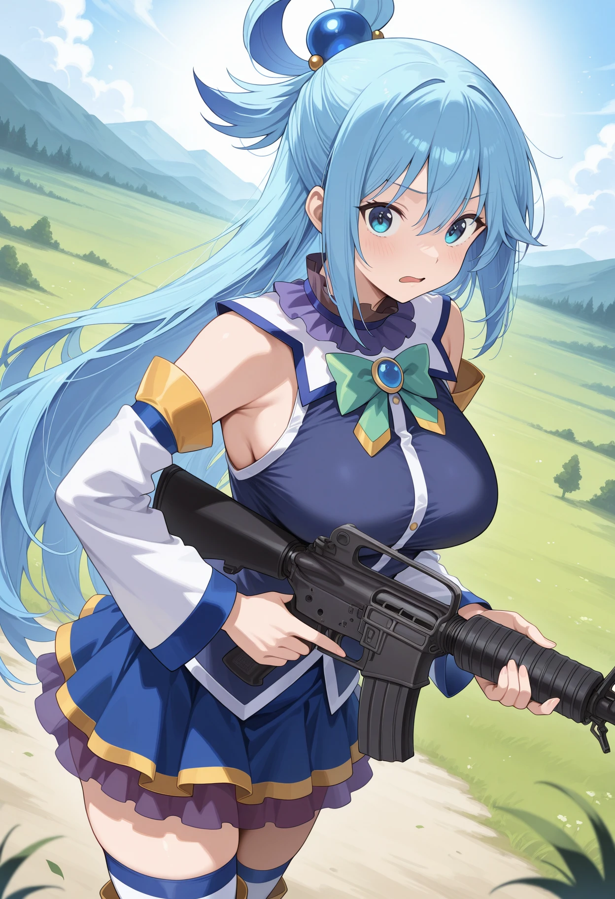 masterpiece, absurdres, highres, newest, 1girl, c-m16, holding m16, aqua \(konosuba\), kono subarashii sekai ni shukufuku wo!, 1girl, blue eyes, hair between eyes, blue hair, long hair, very long hair, hair rings, hair ornament, large breasts, detached sleeves, bare shoulders, looking at viewer, outdoors, depth of field, dutch angle,