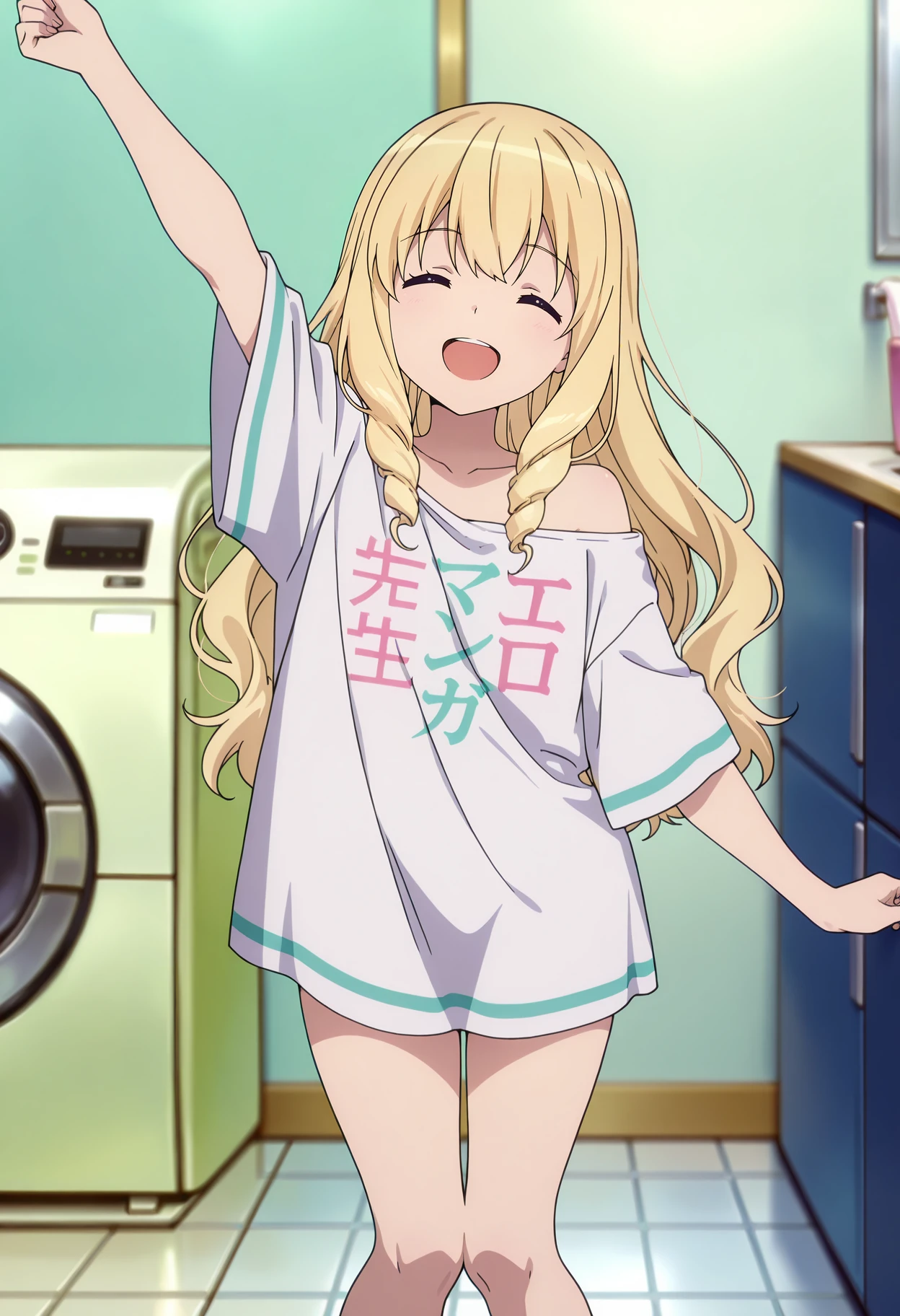 anime screencap, masterpiece, best quality,
<lora:AmagiBrilliantPark_LatifaFleuranza_IlluXL:0.9>,
<lora:Concept_EromangaSensei_SagiriShirt_IlluXL:0.8>,
1girl, solo, open mouth, smile, happy,
drill hair, long hair, blonde hair, closed eyes,
SagiriShirt, clothes writing, off-shoulder shirt, long shirt, white shirt, short sleeves, wide sleeves, bare legs,
arm up, knees together feet apart,
standing, looking at viewer, thighs,
indoors, bathroom, washing machine, tile floor, blurry background