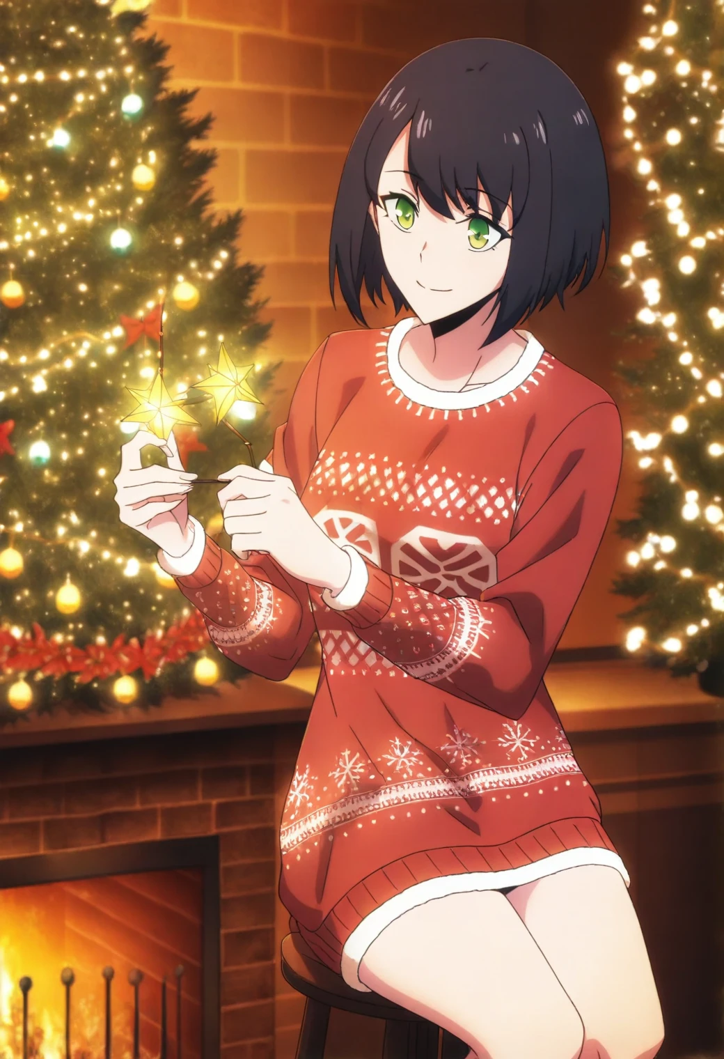 <lora:Song-Yi Han - [Solo Leveling] - illustriousXL v1:1>, sysdeep_songyi, black hair, short hair, green eyes, anime coloring, 1girl, solo, holiday decorating, Christmas sweater, stringing fairy lights, glowing ornaments, cozy fireplace background, soft smile