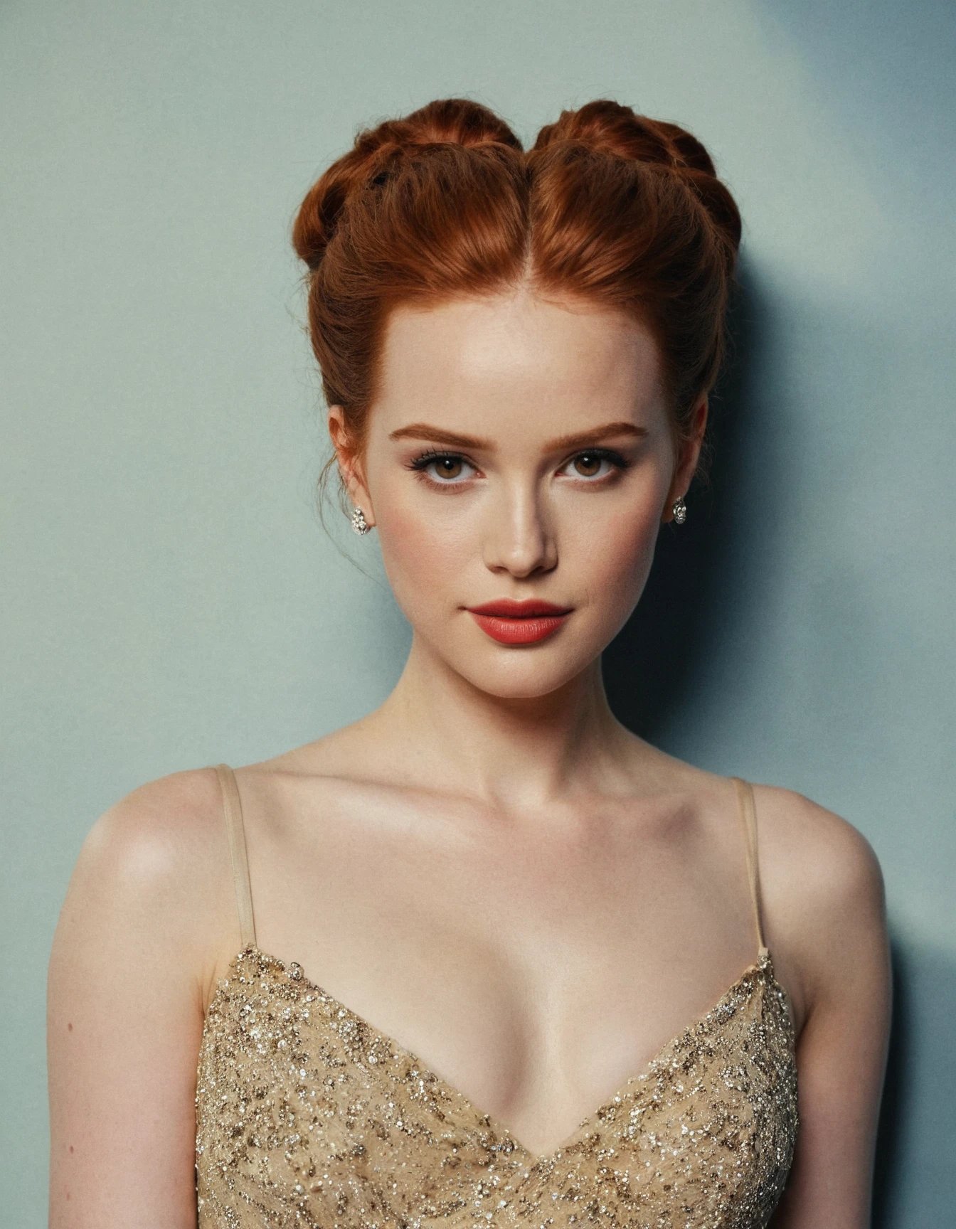 1girl, 18 years old, ginger hair, achingly beautiful, detailed blue eyes, beautiful detailed lips, extremely detailed face and portrait, long eyelashes, complex fanciful hair,sexy body, photograph by Suze Randall, Hasselblad 500C, medium format, hyperrealistic, masterpiece, black revealing dress, alone at a party
full body pose
