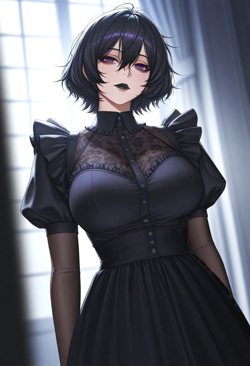 68G, anthropomorphic cat, 1girl, goth dress, frilled dress, large breasts, short hair, messy hair, black hair, hair between eyes, dead eyes, soulless eyes, purple eyes, goth makeup, black lipstick, masterpiece, best quality, amazing quality, very aesthetic, high resolution, ultra-detailed, absurdres, newest, very awa, dynamic lighting, photorealistic detail, detailed face, detailed eyes, detailed hair, depth of field, scenery, volumetric lighting