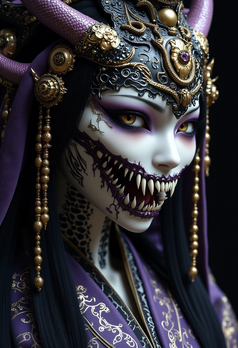 The image is a highly detailed, realistic CGI rendering of a character with an otherworldly appearance. The subject is a person, likely female, with an intricate, ornate headdress adorned with gold and purple beads, intricate patterns, and what appears to be a stylized, ornamental snake mask. The mask is a striking, grotesque design featuring sharp, elongated teeth that are white and sharp with fangs, resembling those of a predatory animal. The snake mask covers the face, with intricate, swirling, white patterns painted on the skin beneath, giving it a skeletal, ethereal appearance.
The eyes are a piercing, golden color, enhanced with thick, dark eyeliner and a subtle, smoky eyeshadow effect.