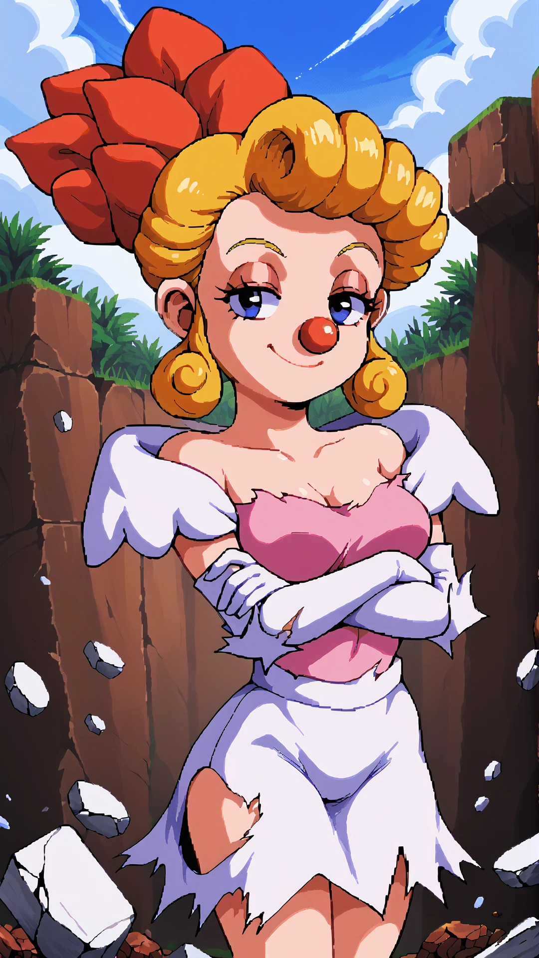 <lora:Kid_Klown_Princess_Honey:1> kk-princesshoney, blonde hair, clown nose, blonde hair, elbow gloves, pixel art, retro artstyle, no mouth, medium breasts, torn clothes, smug, debris, crossed arms, miniskirt, outdoors,, score 9, score 8 up, score 7 up, score 6 up, score 5 up, score 4 up,
