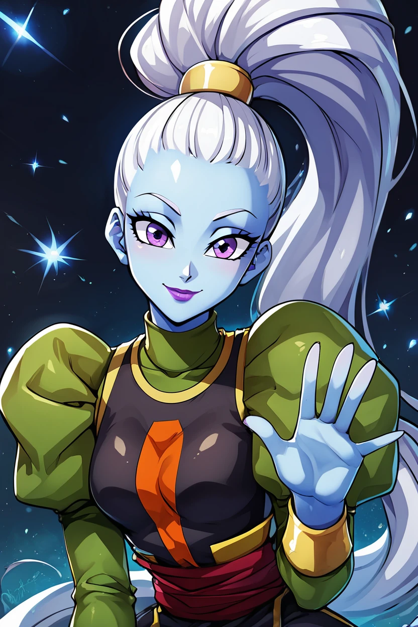 score_9, score_8_up, score_8, medium breasts, (curvy), cute, eyelashes, BREAK, , zzVados, long hair, ponytail, white hair, blue skin, hair pulled back, high ponytail, very long hair, purple eyes, long sleeves, puffy sleeves, sash, purple lips, dress, makeup, lipstick, <lora:Vados_DB_PDXL:0.8>, , BREAK, looking at viewer, ,,, smile, waving, upper body, leaning forward, head tilt, ,,, embedding:zPDXL, Expressiveh, ,,, <lora:CatalystStylePDXL:0.6>, <lora:SDXLFaeTastic2400:0.5>, <lora:Expressive_H-000001:0.4>,