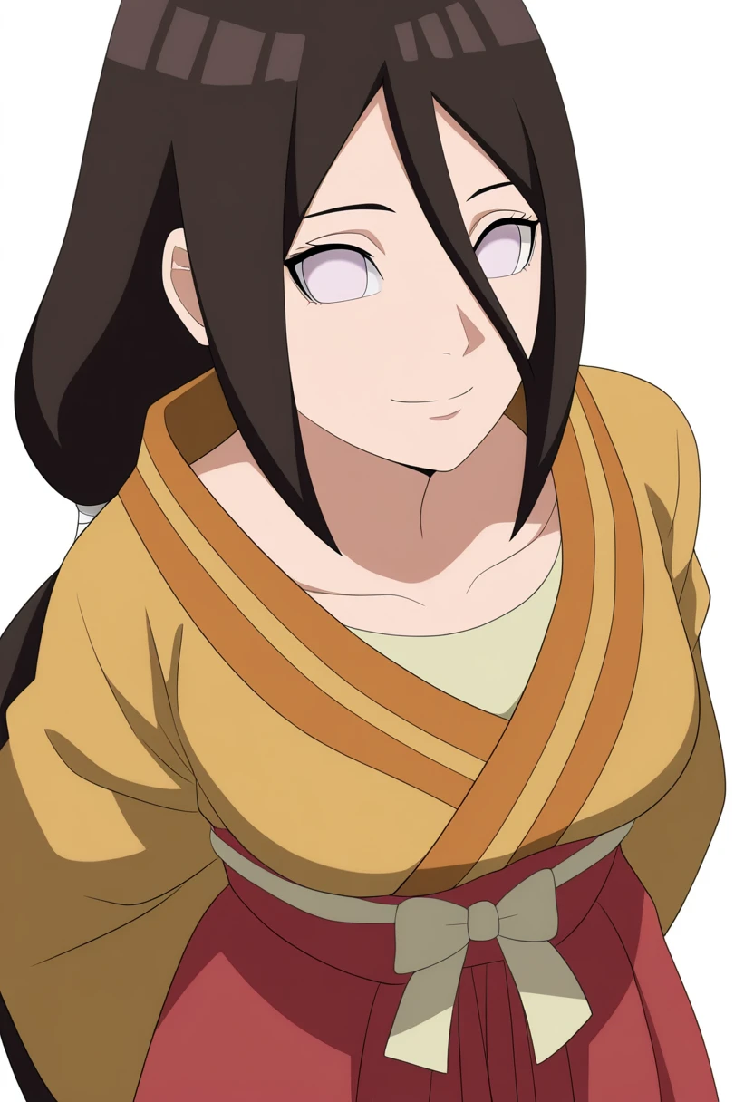 masterpiece, best quality, very aesthetic, absurdres,
1girl, hanabihyuga, black hair, long hair, ponytail, hair between eyes, no pupils, white eyes,
collarbone, hakama skirt, japanese clothes, kimono, long wide sleeves, sash,
hands behind back, smile, upper body, looking at viewer, solo, simple background, white background, <lora:HanabiBorutoNoobXL_byKonan:1>