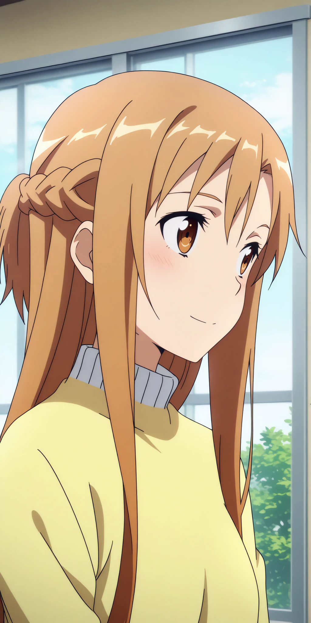 anime screencap, Asuna, Yellow Sweater <lora:COMMISSION_SAO-Asuna_S1_costumes-illustriousv2:0.8>