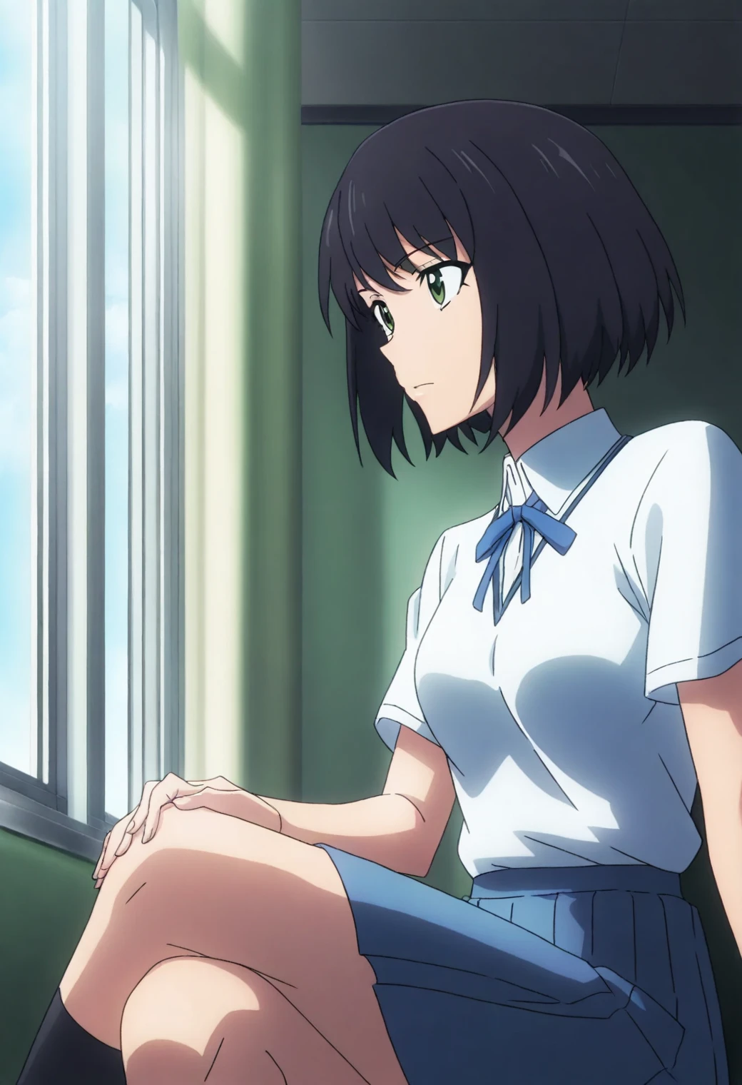 <lora:Song-Yi Han - [Solo Leveling] - illustriousXL v1:1>, sysdeep_songyi, black hair, short hair, green eyes, anime coloring, 1girl, solo, clubroom setting, summer uniform, short-sleeve blouse, skirt slightly raised, crossed legs, looking out window, nostalgic expression