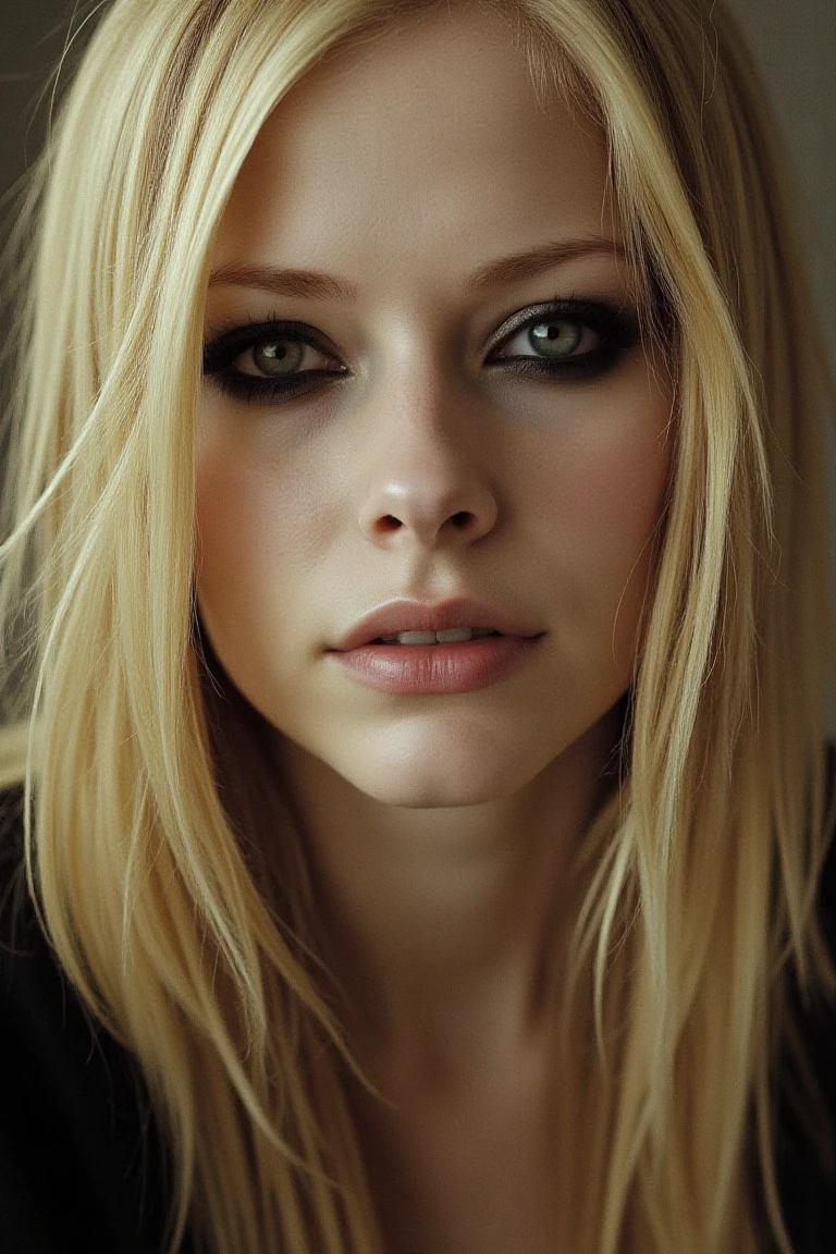 portrait inspired by Peter Lindbergh's photographic style of avrilflx, a blonde woman with black eyeliner looking directly into the camera with an intimate and deep expression.